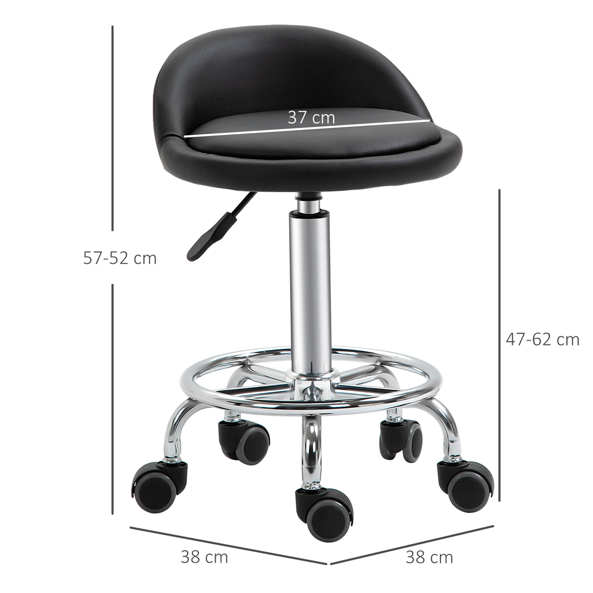 Lot de 2 tabouret à roulette pivotant 360°, assise réglable 47-62H cm, acier chromé revêtement synthétique noir-2