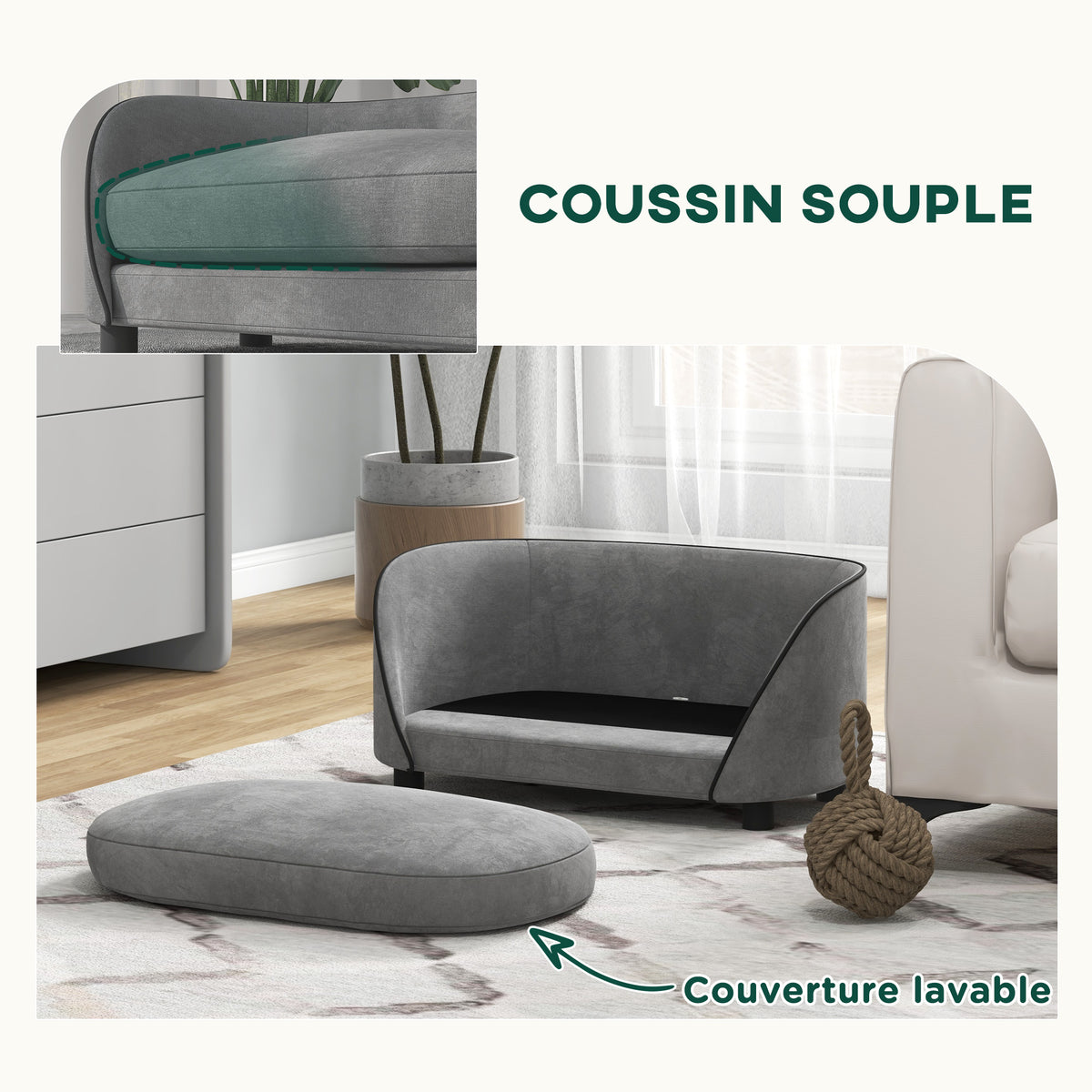 Canapé pour chien avec coussin doux housse amovible et lavable revêtement en velours néerlandais gris-4