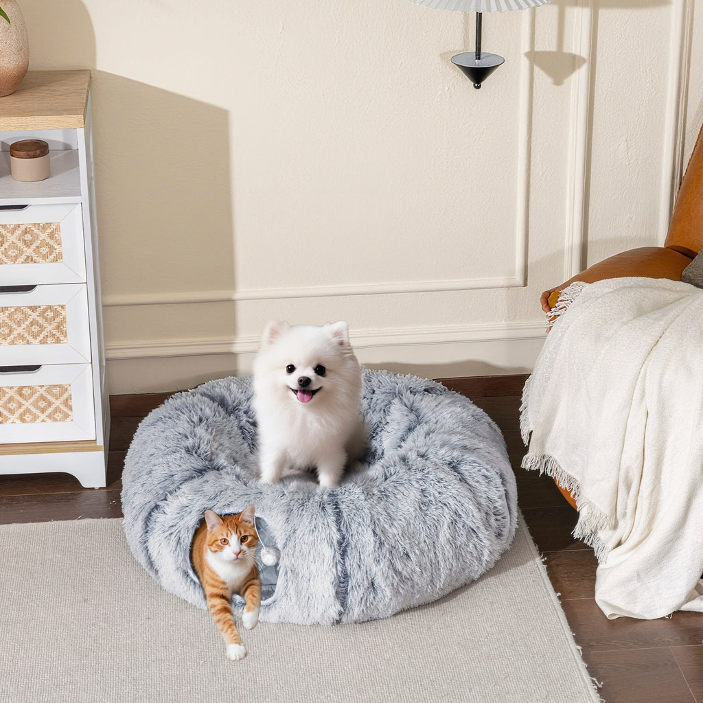 Tunnel pour Chat Intérieur avec Lit de Chat en Forme de Donut, Coussin Circulaire Lavable, 90x80x27cm, Gris Clair-9