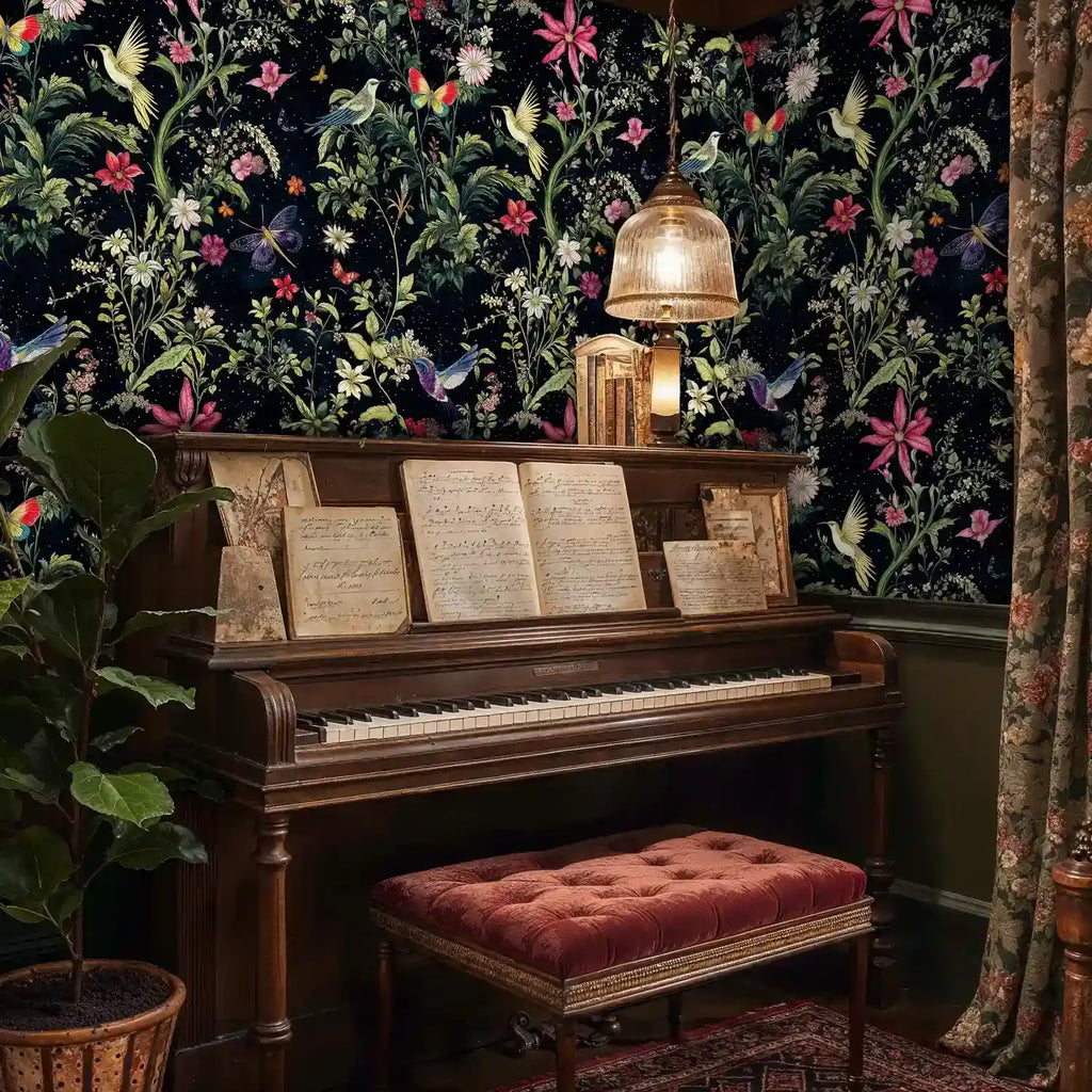 Papier peint botanique nuit avec oiseaux et papillons