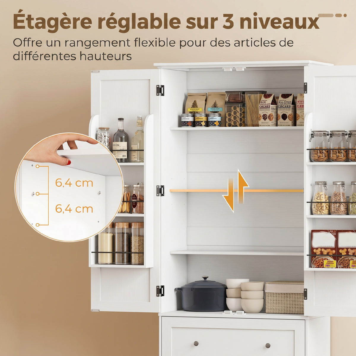 Buffet haut cuisine, armoire de cuisine 2 portes, 2 tiroirs, 6 porte-racks, étagères réglables, 80x39,5x184,5cm, blanc-4