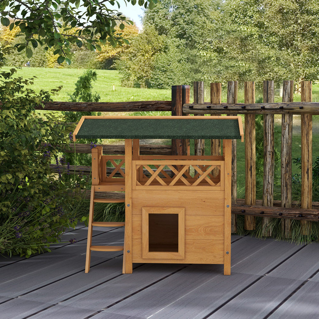 Cabane Chat Extérieur avec Terrasse, Escalier, Toit, Niche Villa, 77 x 50 x 73 cm Bois Naturel et Vert-7