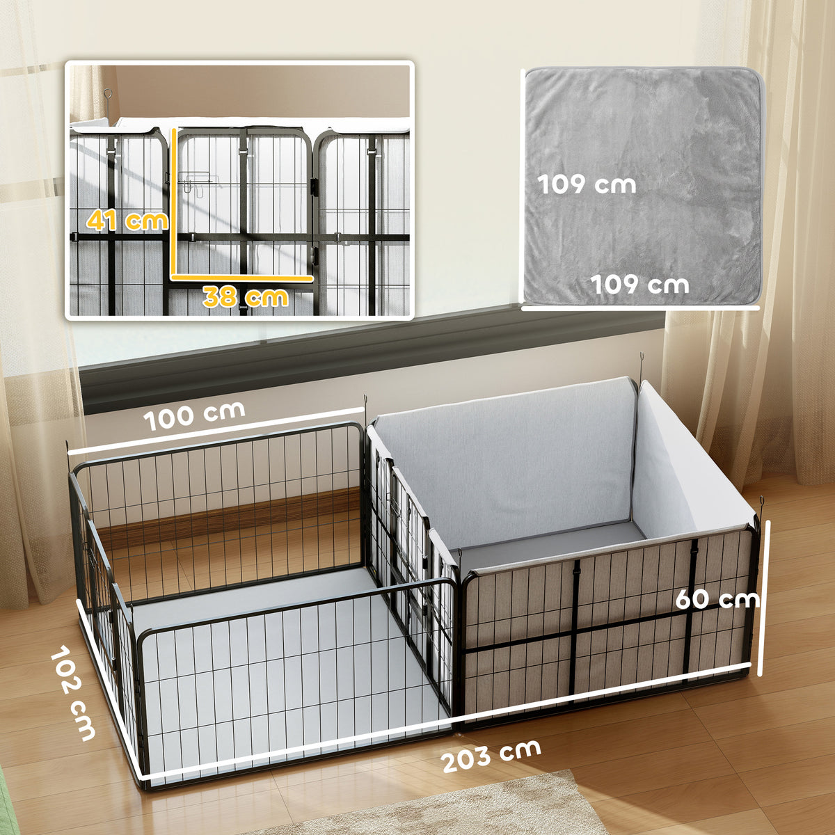 Parc de Mise Bas pour Chien 2 Compartiments Séparés avec Toile Oxford Coupe-Vent 7 Panneaux 203x102x60cm Noir-2