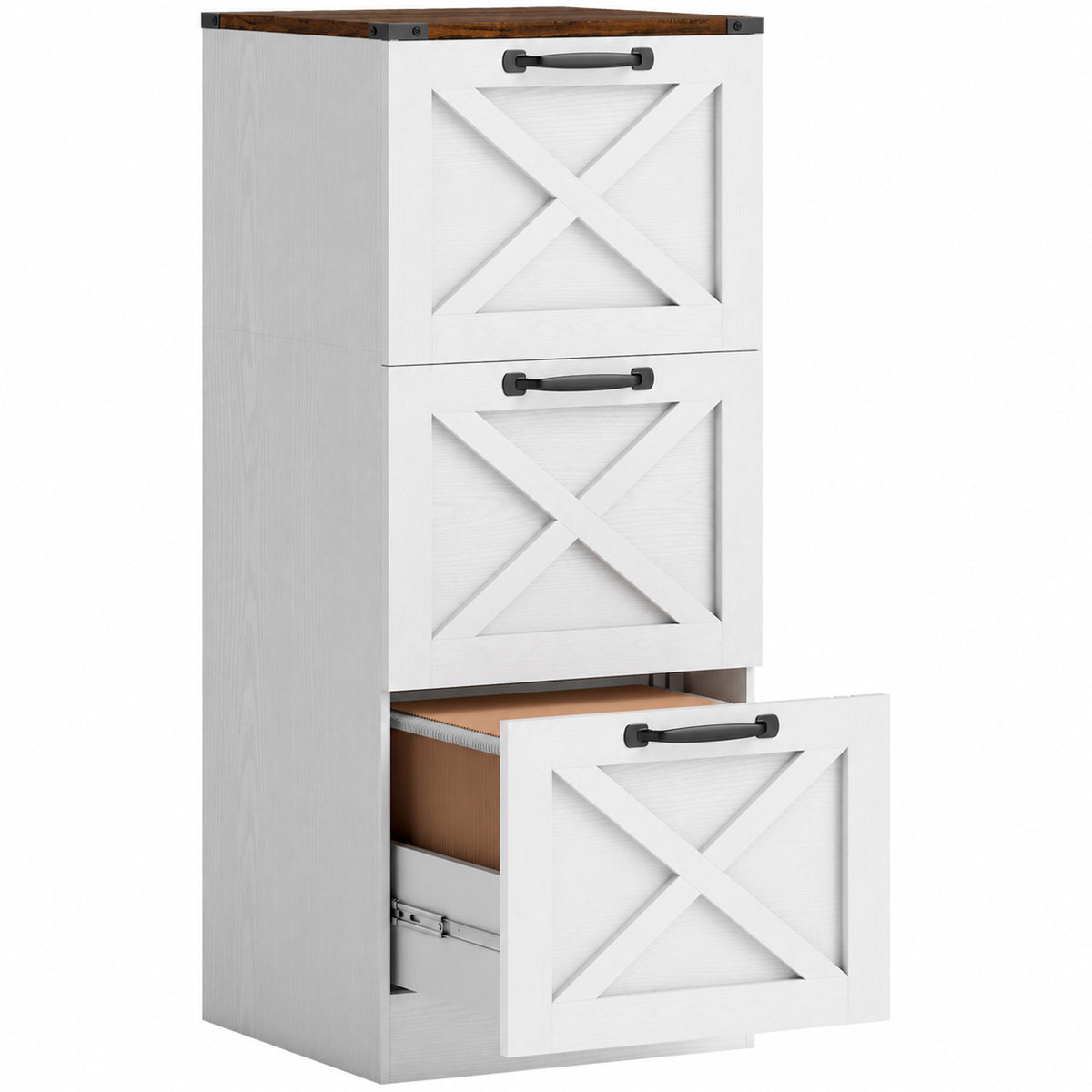 Caisson de Bureau avec 3 Tiroirs, Dossiers Suspendus pour Formats Lettre/A4, Style Rustique, 40x40x101cm, Blanc-0