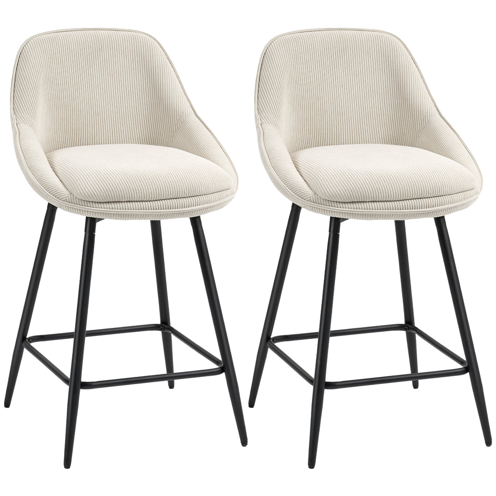 Lot de 2 tabourets de bar en tissu velours côtelé, chaises de bar avec dossier courbé, repose-pieds, 49x52x88cm, crème-0