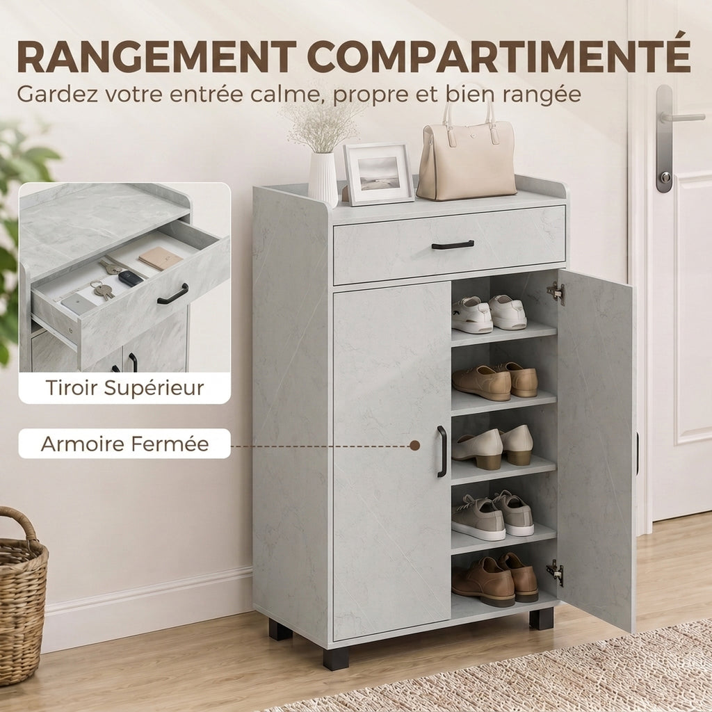 Meuble à Chaussures, Armoire à Chaussures avec 2 Portes, Tiroir, 5 Compartiments et Étagères Réglables, Gris-3