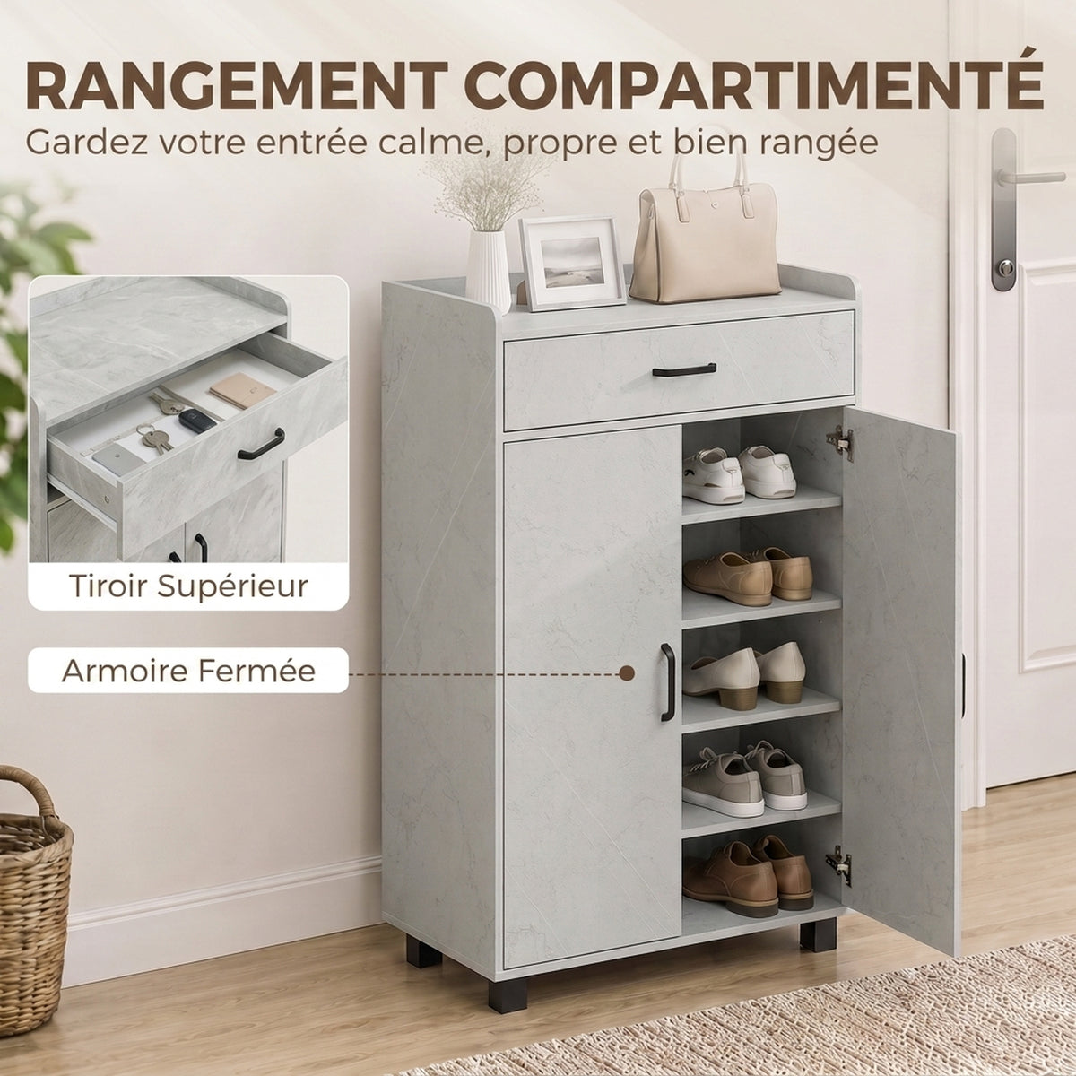 Meuble à Chaussures, Armoire à Chaussures avec 2 Portes, Tiroir, 5 Compartiments et Étagères Réglables, Gris-3