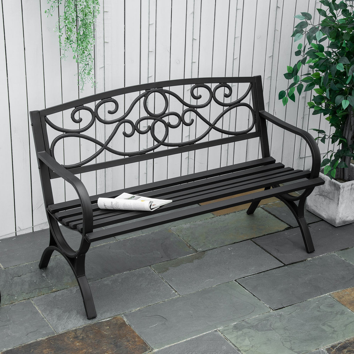 Banc de jardin 2 places banquette extérieur terrasse patio dossier incliné assise à lattes accoudoirs-1