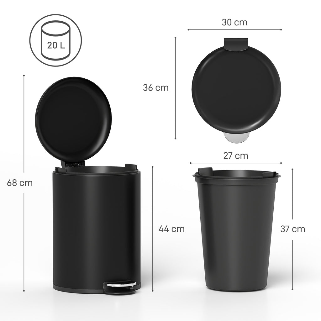 Poubelle de Cuisine 20 L en Métal, Poubelle à Pédale avec Couvercle à Fermeture Douce et Seau Amovible, Noir-2