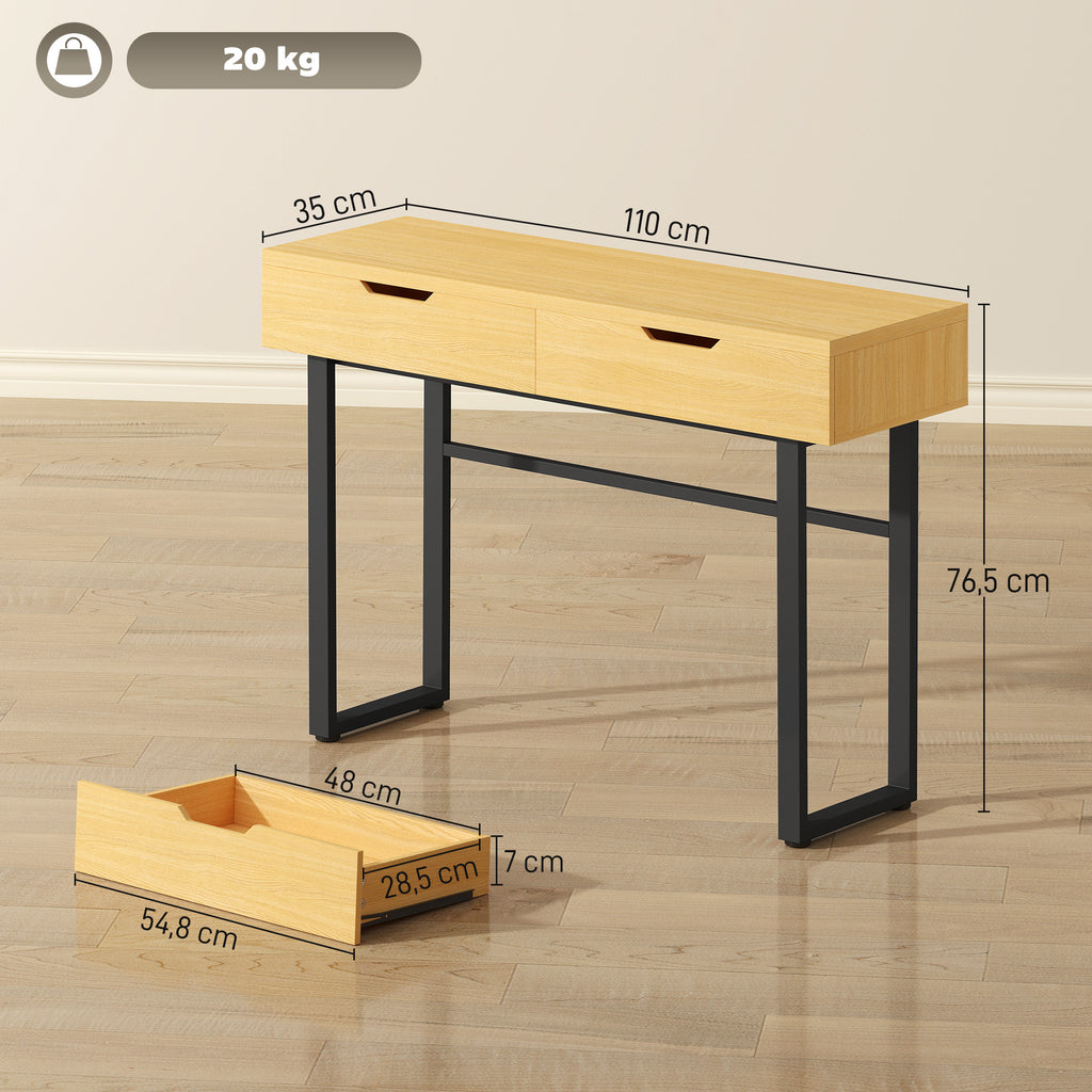 Console meuble 110 cm, table console étroite avec 2 tiroirs, cadre en métal et design sans poignées, bois naturel-2