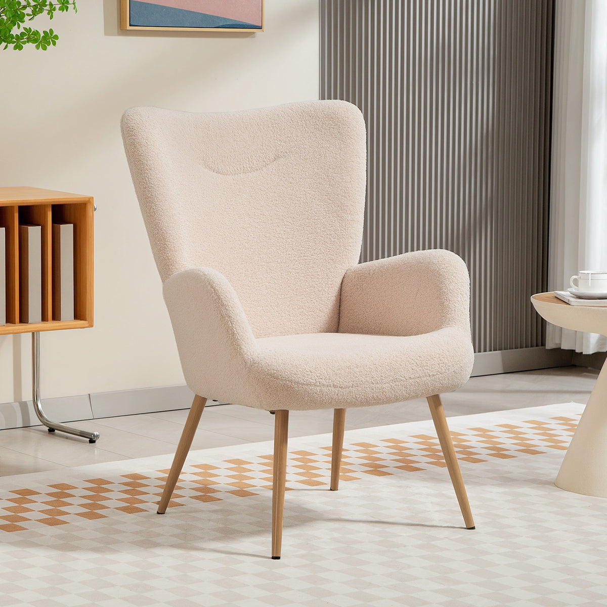 Fauteuil salon, fauteuil d'appoint rembourré en tissu bouclette avec haut dossier et accoudoirs, 71x74x97,5cm, beige-1