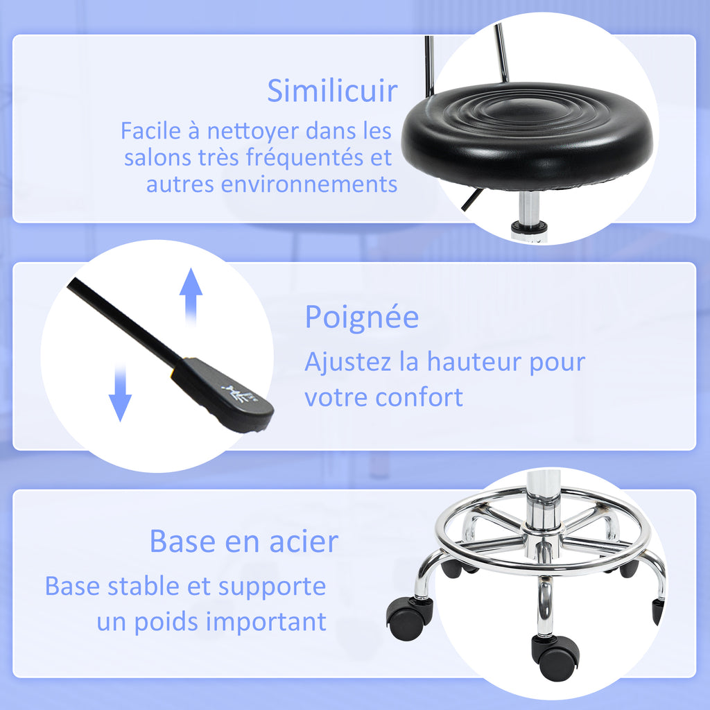 Tabouret à roulettes, tabouret de massage avec hauteur réglable 70-86 cm et dossier, pivotant 360°, noir-5