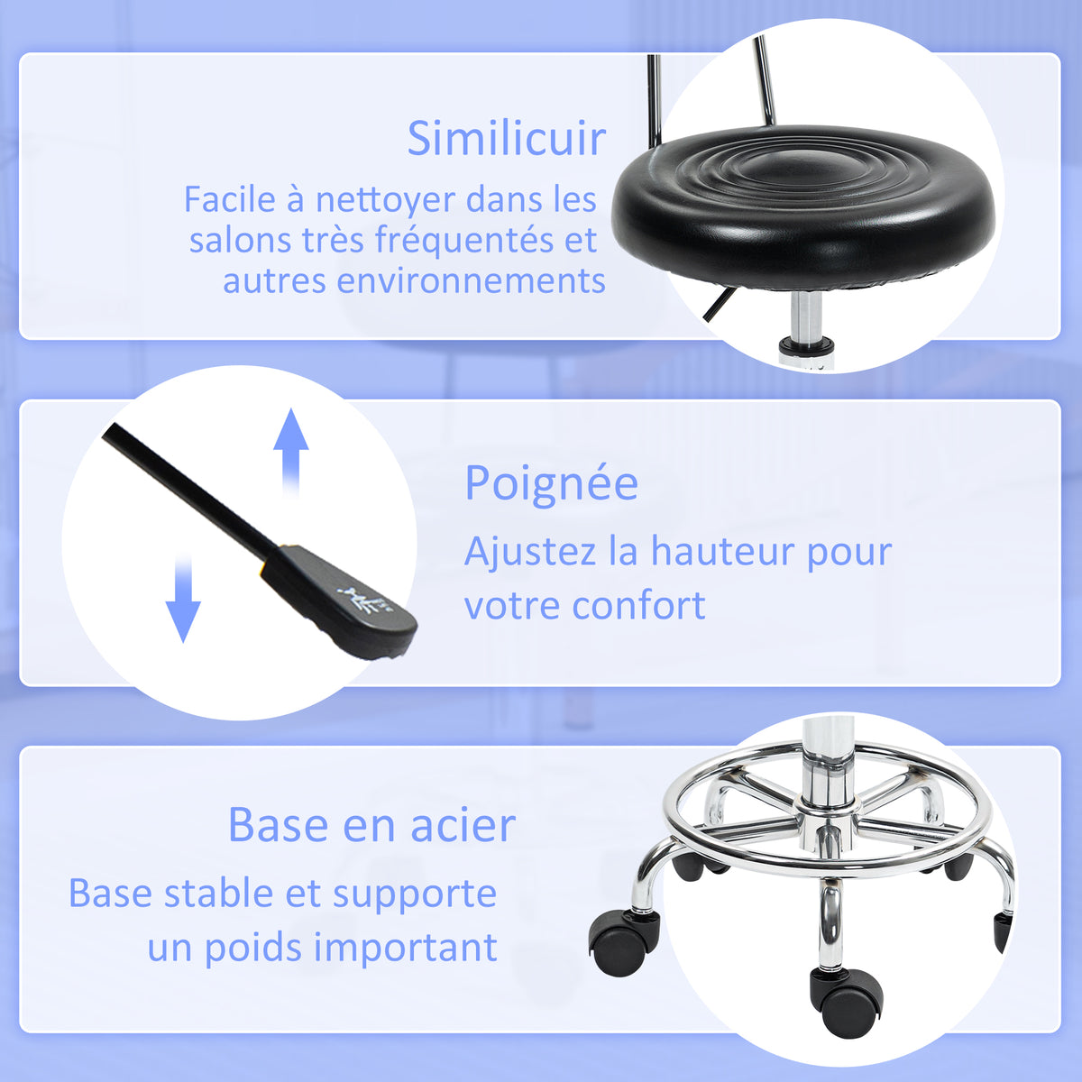 Tabouret à roulettes, tabouret de massage avec hauteur réglable 70-86 cm et dossier, pivotant 360°, noir-5