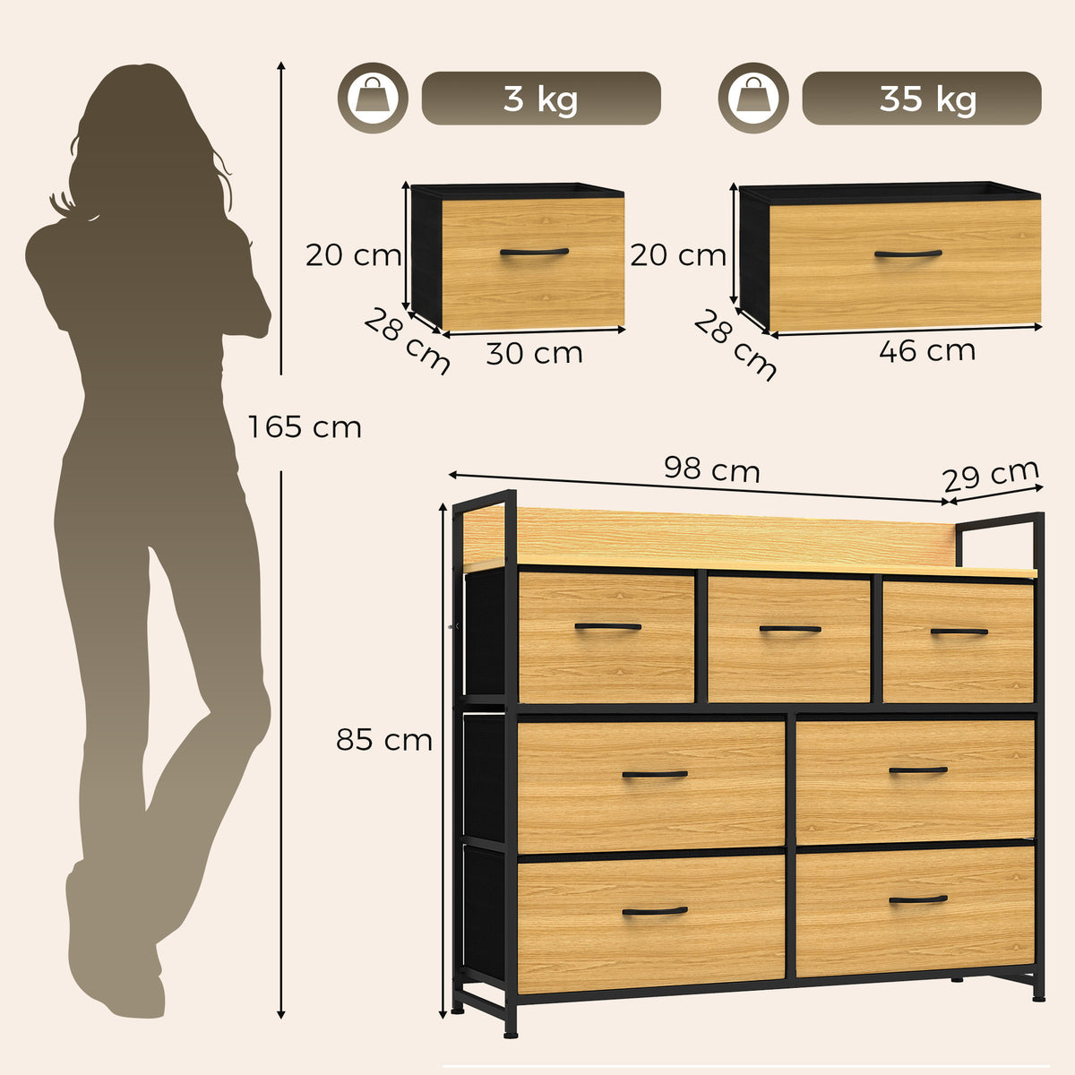 Commode 7 Tiroirs en Tissu Pliables, Commode Chambre Adulte avec Plateau Supérieur et Cadre en Acier, chêne-2