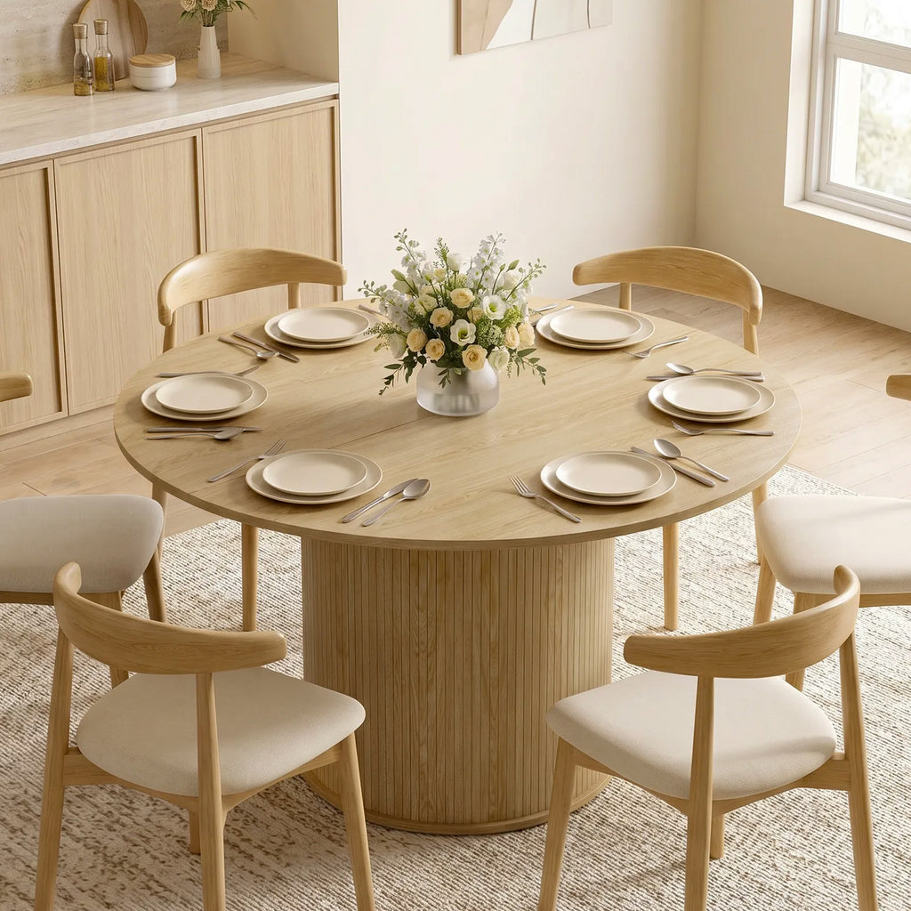 Table à manger ronde pour 4-6 personnes, Ø 120 x 75 cm, table de cuisine avec base cylindrique cannelée, bois naturel-1
