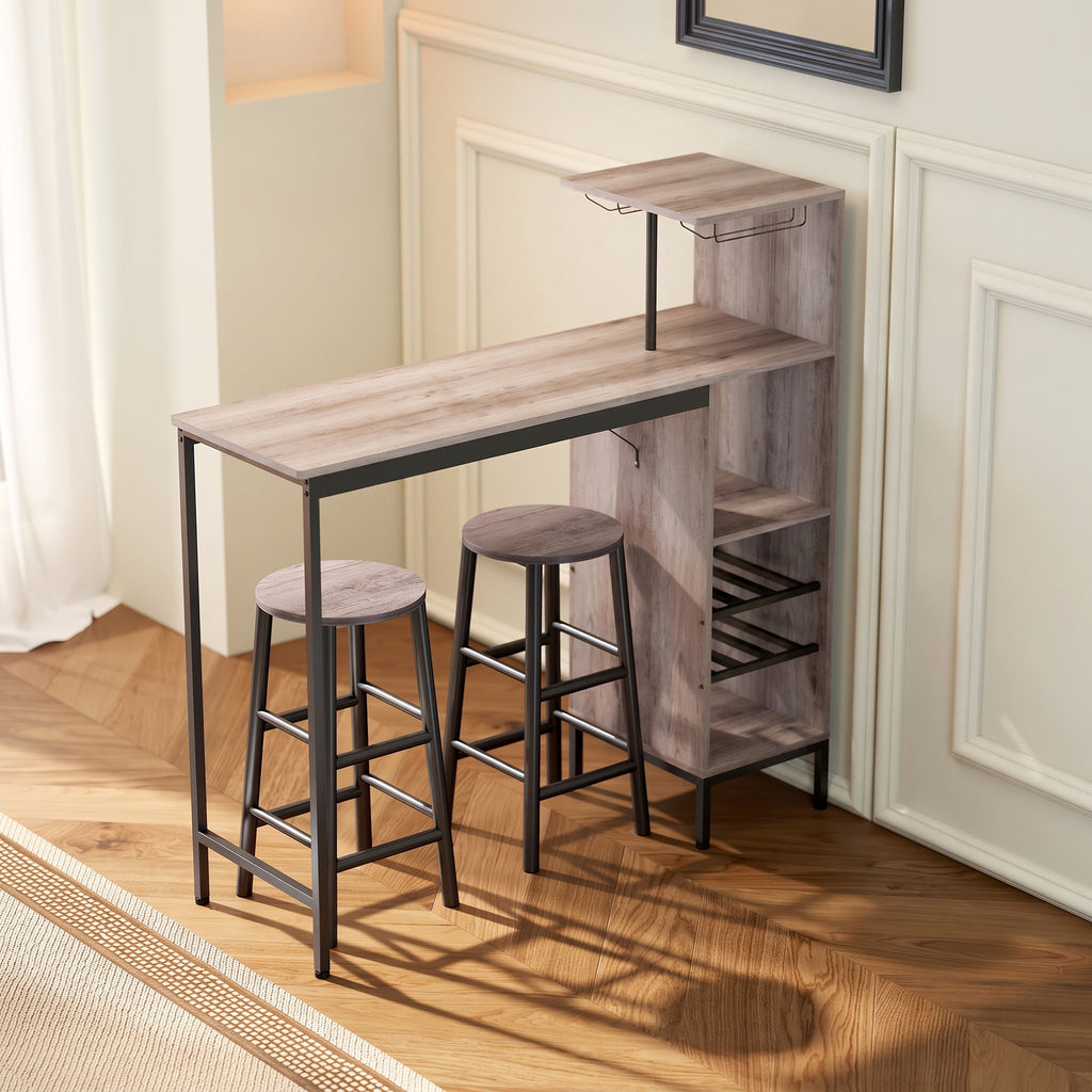 Ensemble table de bar avec tabourets, table à manger debout avec 2 chaises de bar étagères, casiers à vin, gris-1