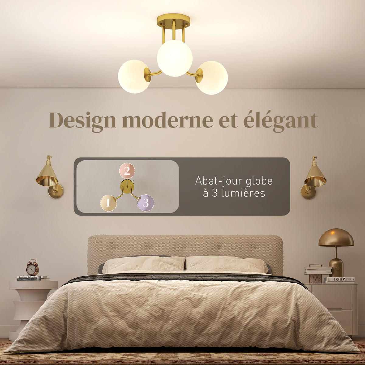 Plafonnier LED 25W, luminaire plafonnier 3 lumières avec douilles G9, abat-jour globe, 42 x 42 x 26,5 cm, doré-3
