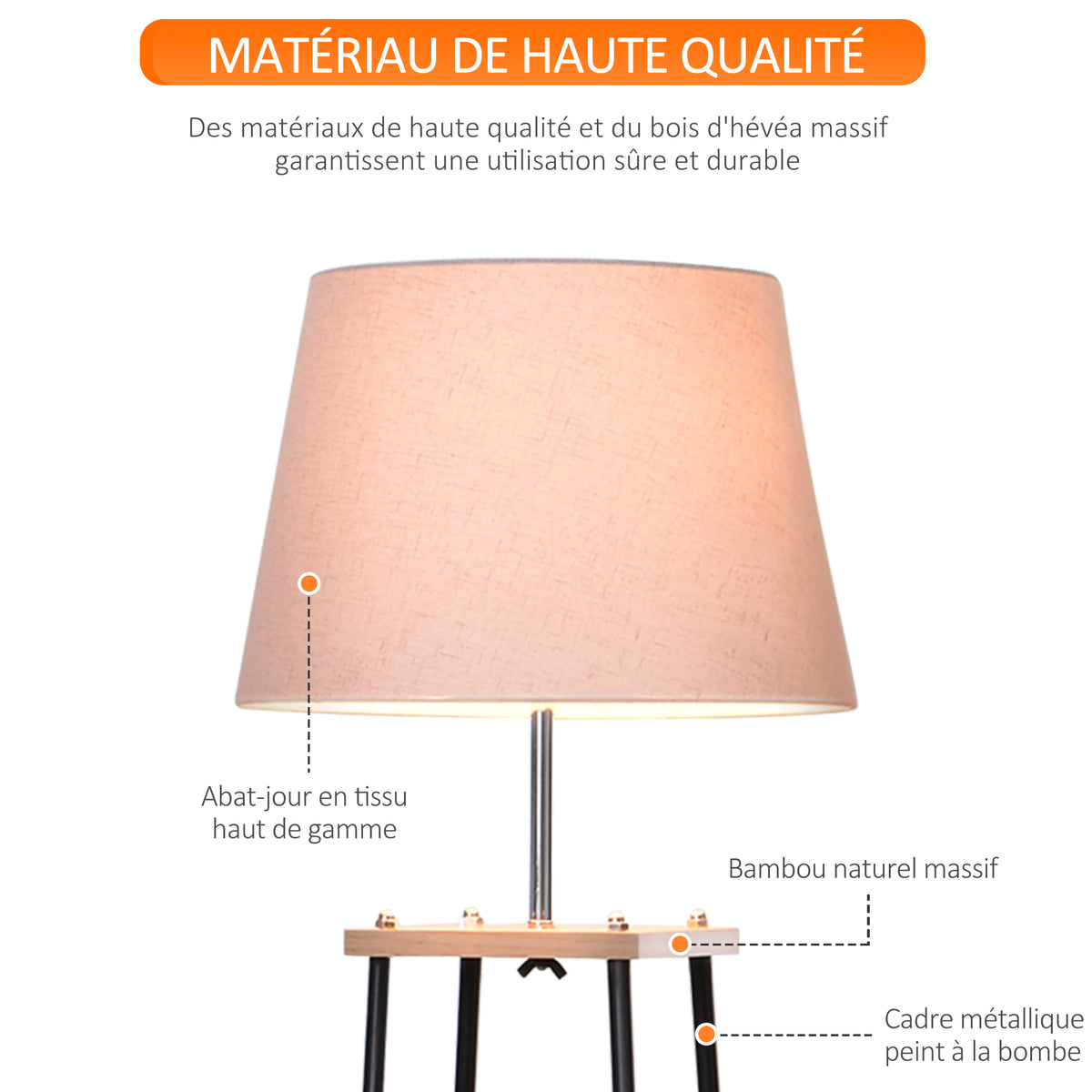 Lampadaire design contemporain dim. 40L x 40l x 160H cm 40 W max. 3 étagères intégrées bois massif pin métal noir lin beige-3