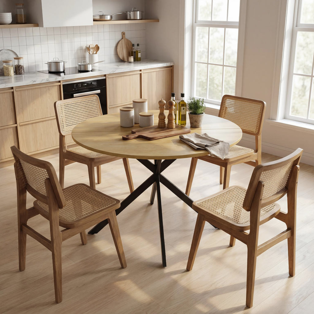 Table à Manger Ronde pour 4 Personnes 100 cm, Style Industriel avec Plateau Aspect Bois, Piètement Croisé en Acier Chêne-6