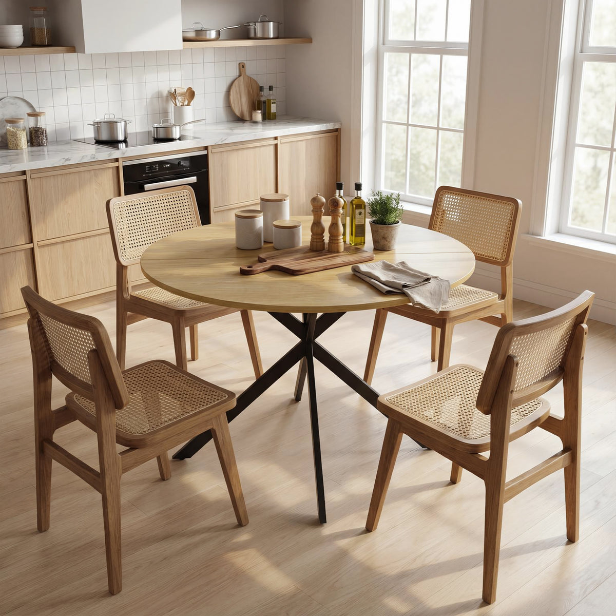 Table à Manger Ronde pour 4 Personnes 100 cm, Style Industriel avec Plateau Aspect Bois, Piètement Croisé en Acier Chêne-6