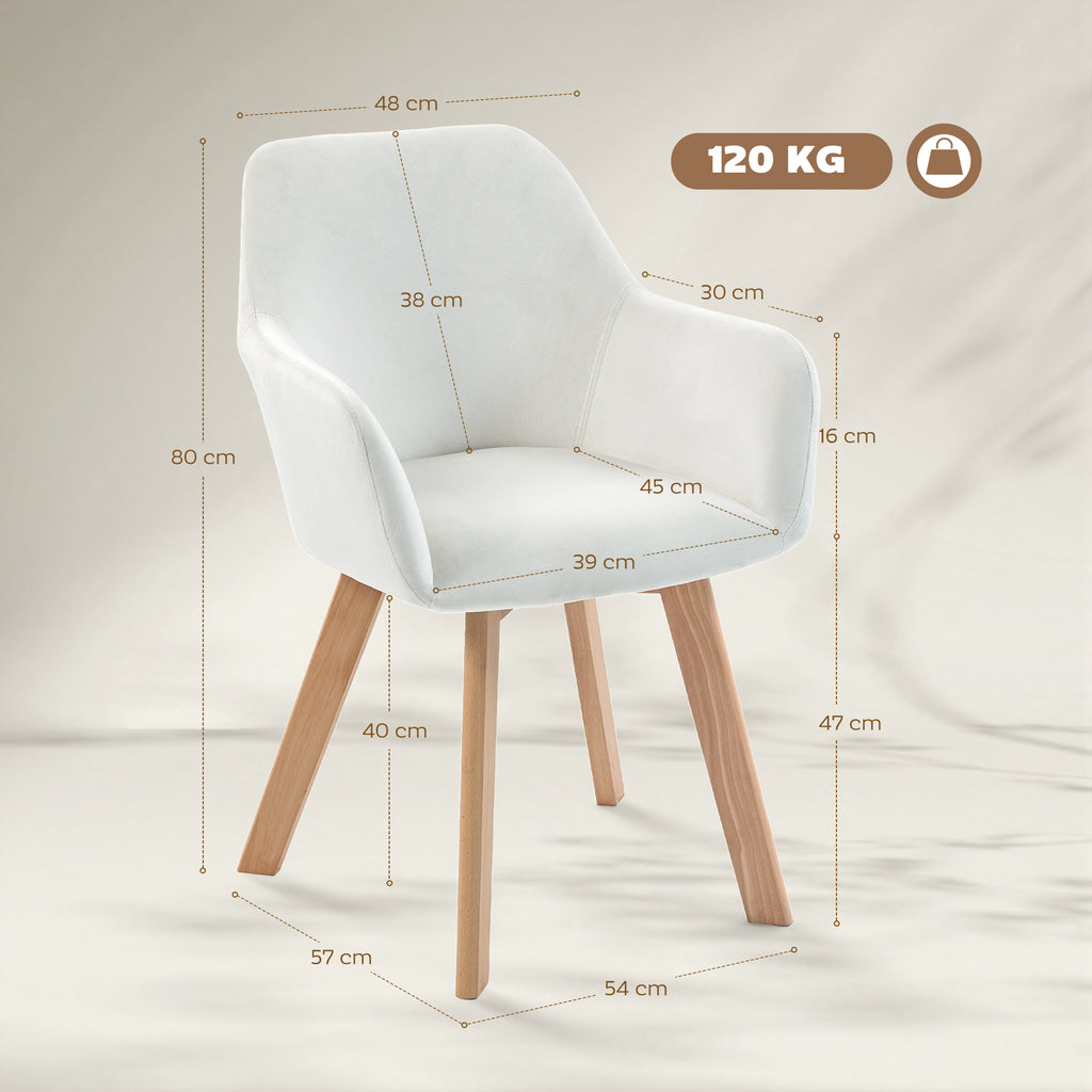 Lot de 2 chaises de salle à manger Fauteuil Assise rembourrée en tissu effet velours Pieds en bois, crème-2