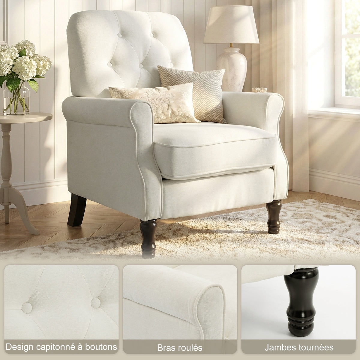 Fauteuil de salon, canapé 1 place avec assise rembourrée épaisse, coussin à ressorts, tissu en lin, 69x75x90cm, crème-4