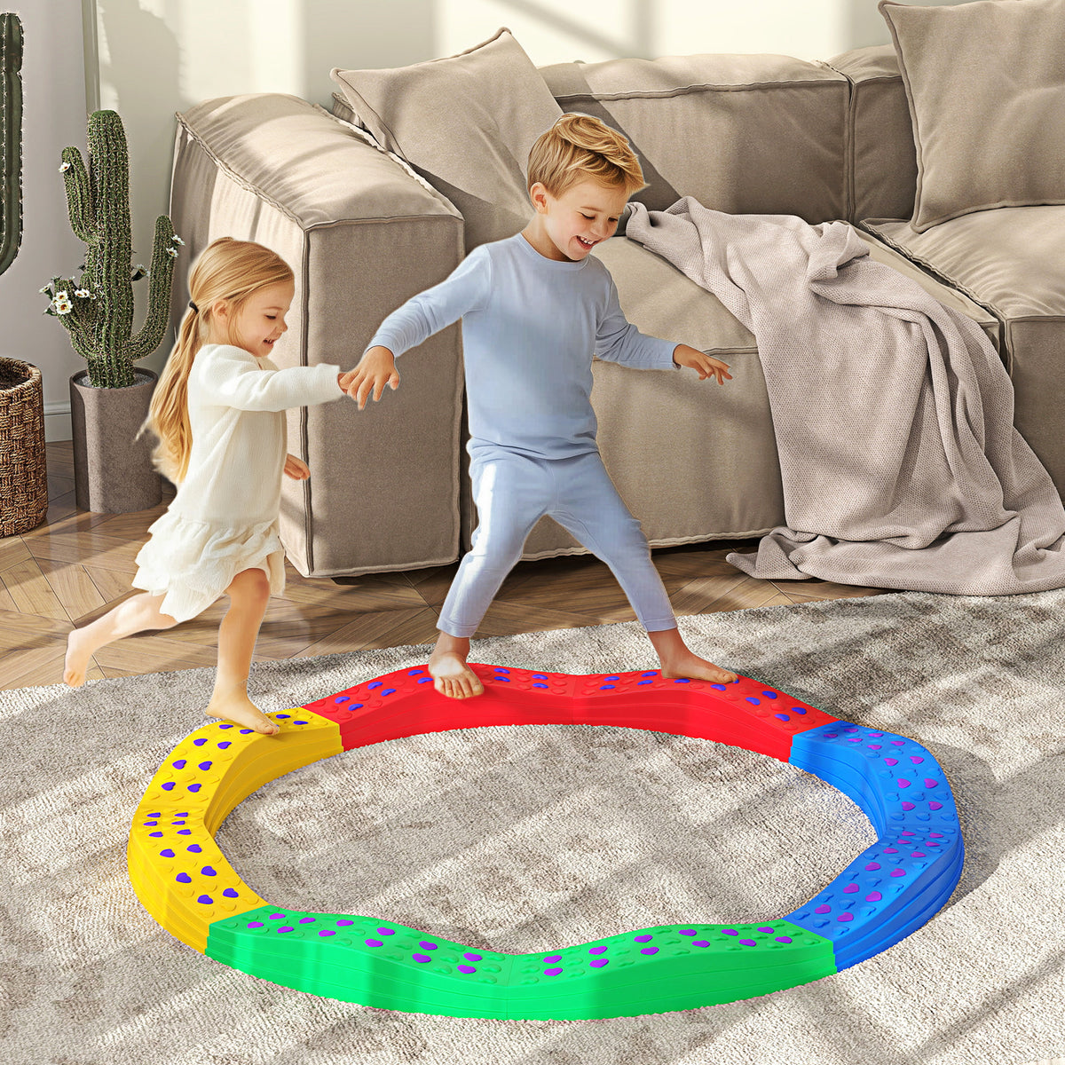 Poutre d'équilibre pour enfants 8 pierres de pas ondulées avec surface exturée antidérapante et tapis de fond-1