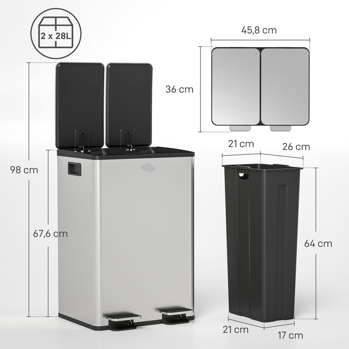 Poubelle de cuisine double, 2 x 28L, 2 couvercles à fermeture douce, seaux intérieurs amovibles et poignées-2