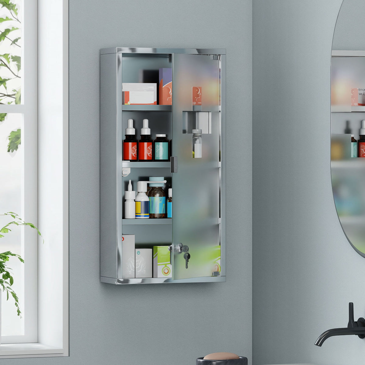 Armoire à Pharmacie 3 étagères 4 Niveaux 30L x 12l x 60H cm Porte Verre trempé Symbole Croix Acier Inoxydable brossé-1