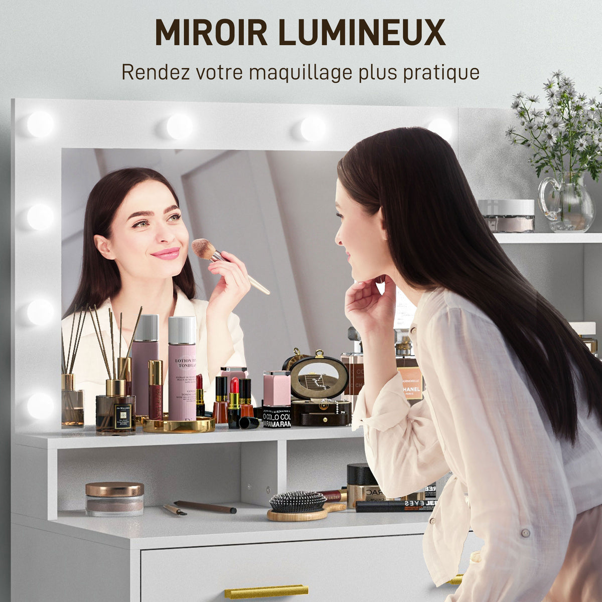 Coiffeuse avec miroir et 9 lumières LED, 4 tiroirs et 6 compartiments ouverts, 100 x 40 x 138 cm, blanc-4