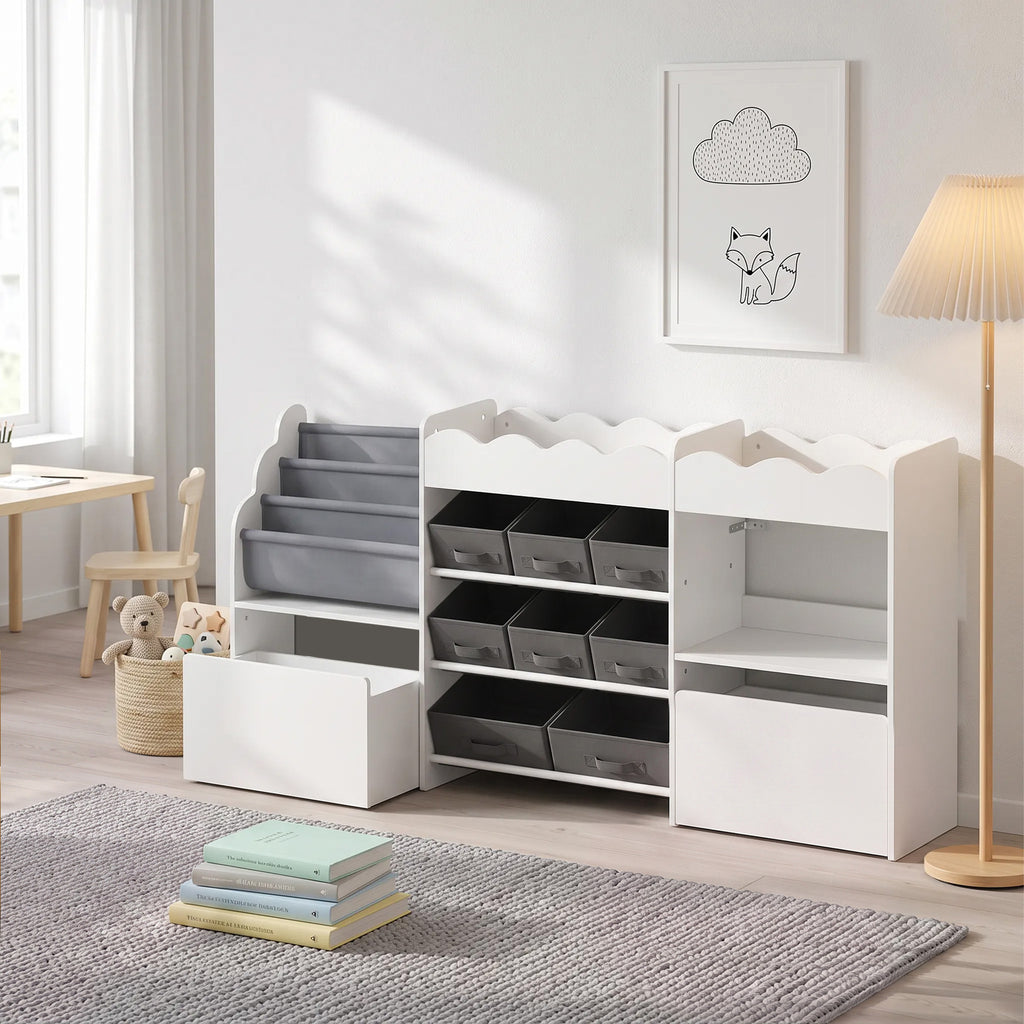 Meuble de rangement jouets enfant avec bibliothèque, 8 bacs en tissu, 2 tiroirs à roulettes et étagères ouvertes, blanc-1