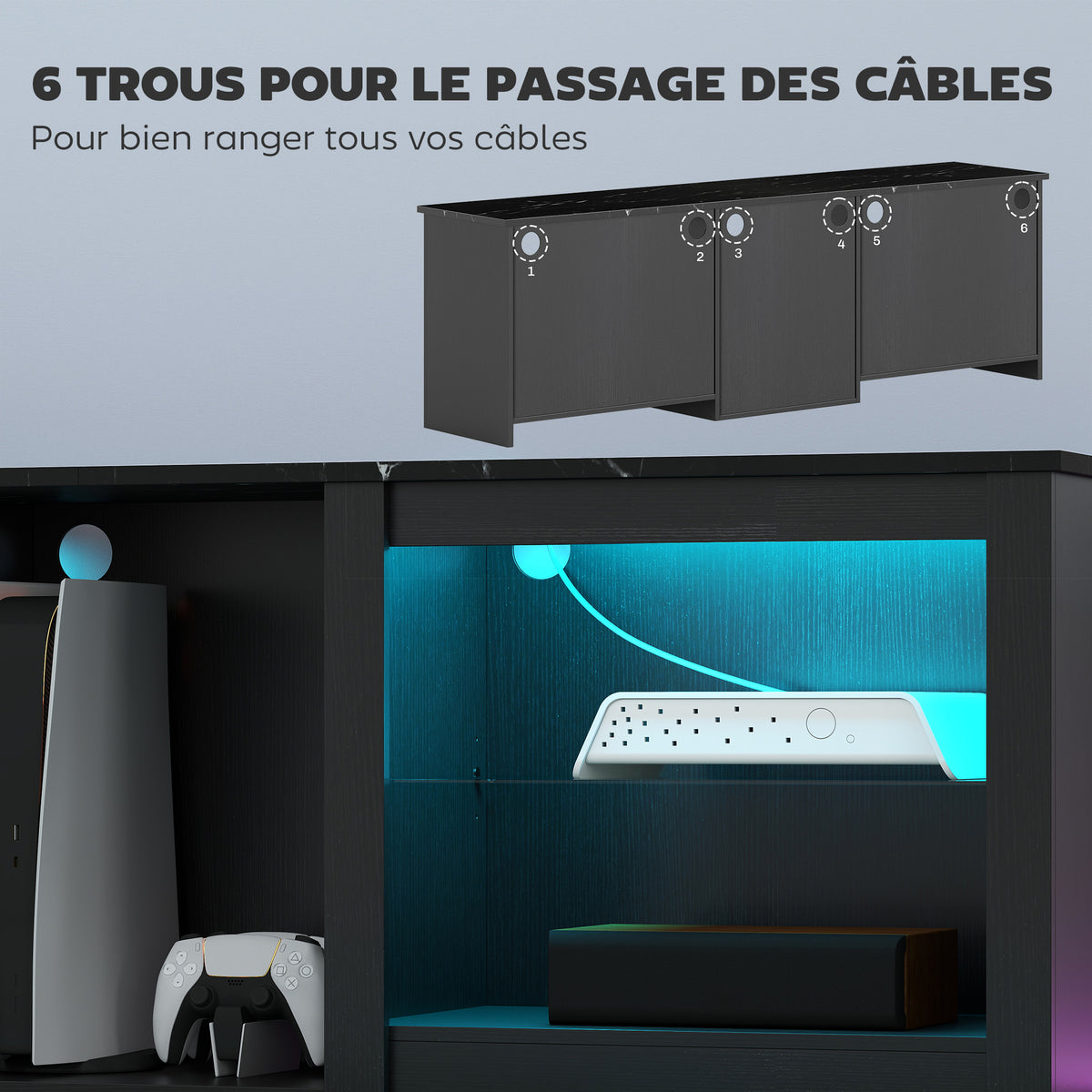 Meuble TV avec éclairage LED pour télévision jusqu'à 70 pouces, 160cm avec étagères en verre réglables, noir-6
