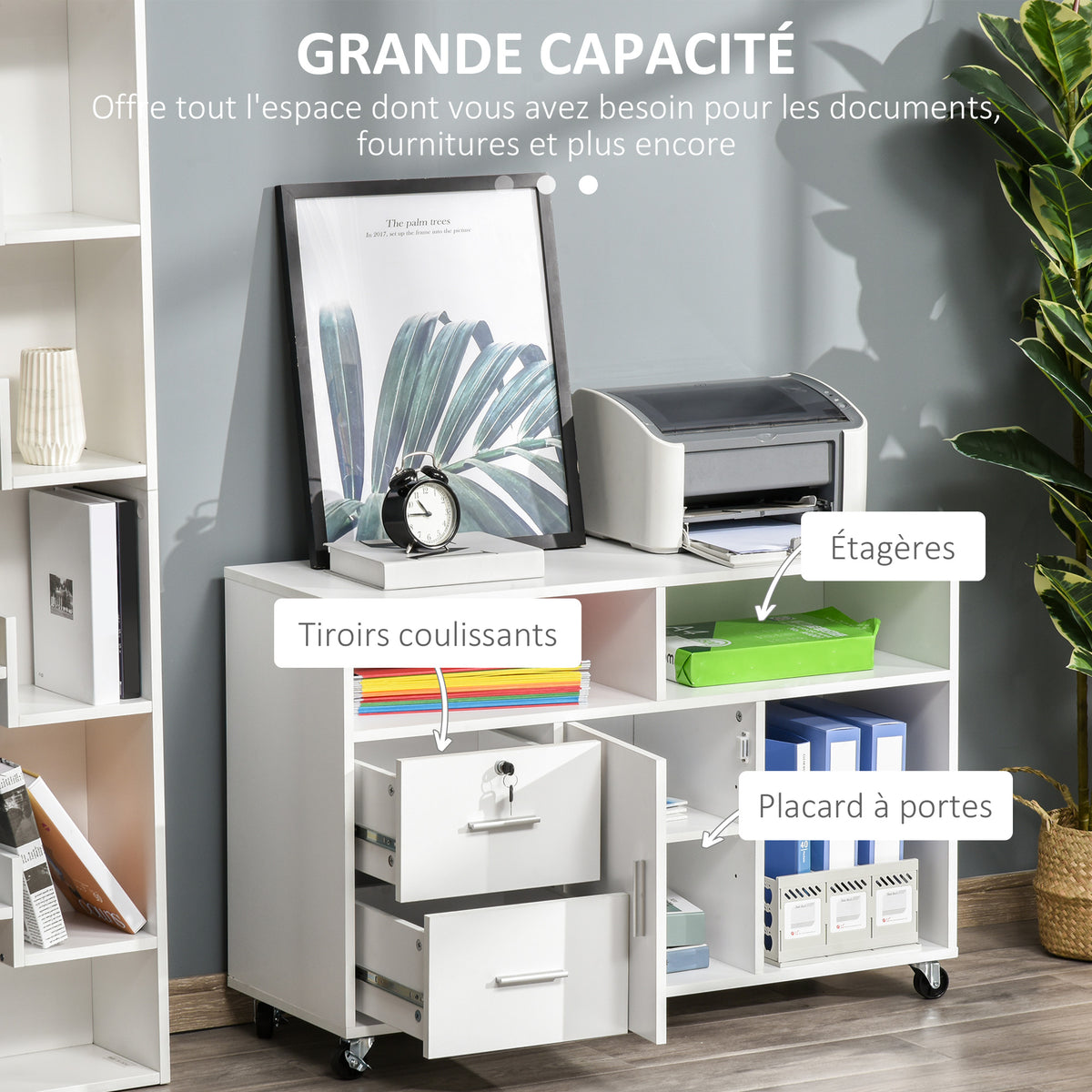 Support d'imprimante à 2 tiroirs meuble de rangement sur roulettes étagères ouvertes et placard, 100 x 35 x 65 cm, blanc-3
