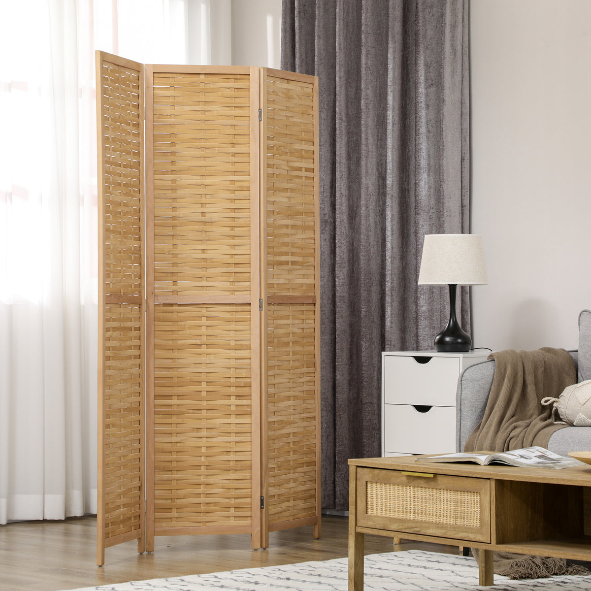 Paravent en bois séparateur de pièce closion de séparation pliable 3 panneaux en bambou 120 x 170 cm naturel clair-1