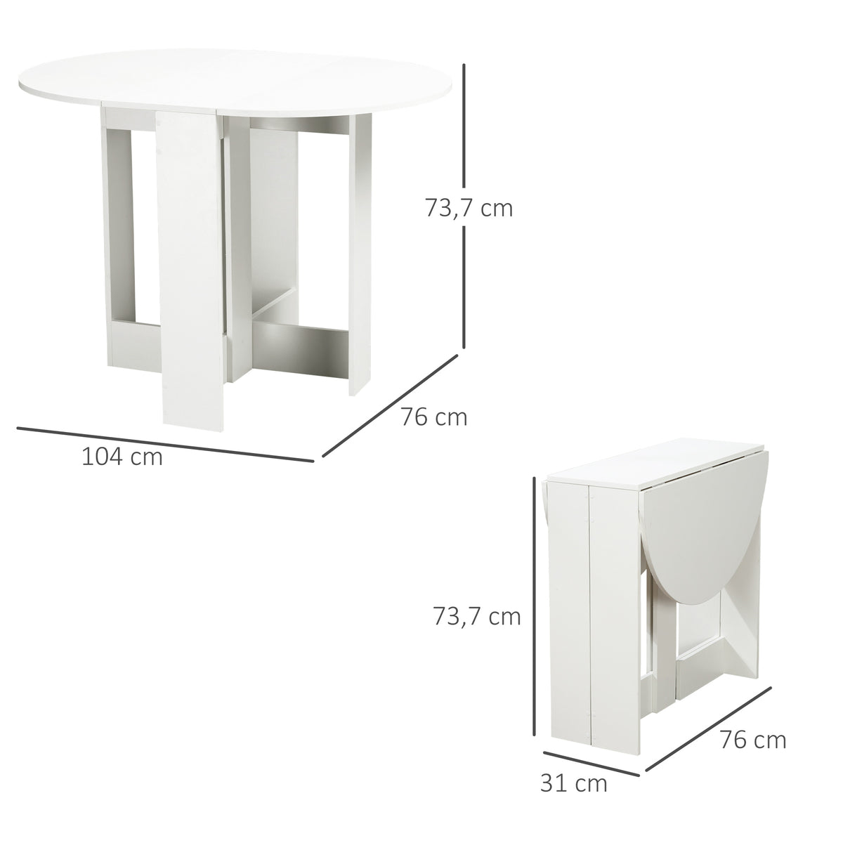 Table pliable de cuisine salle à manger 2 abattants - table ovale extensible - 104L x 76l x 73,7H cm en bois blanc-2