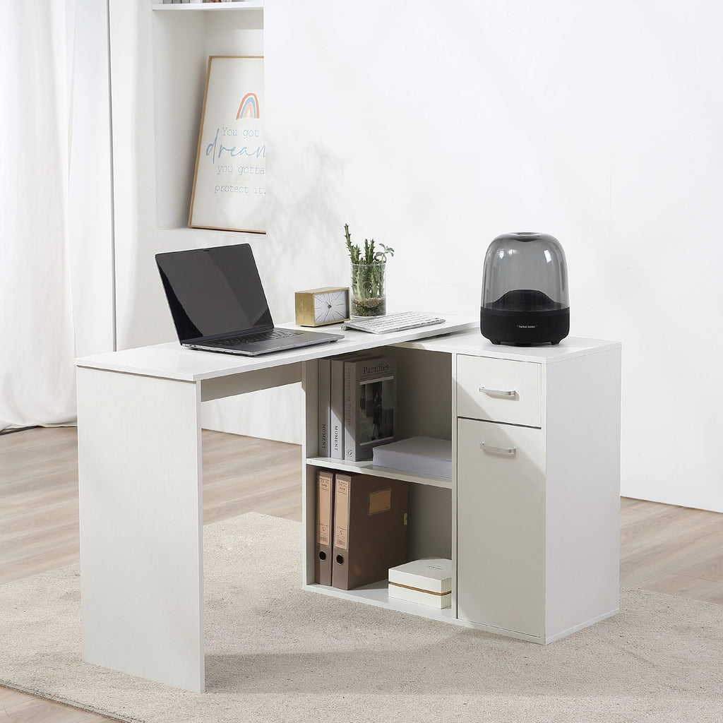 Bureau d'angle rotatif à 180°, bureau d'ordinateur, bibliothèque, tiroir, placard, poste de travail, 117x82x74cm, blanc-1