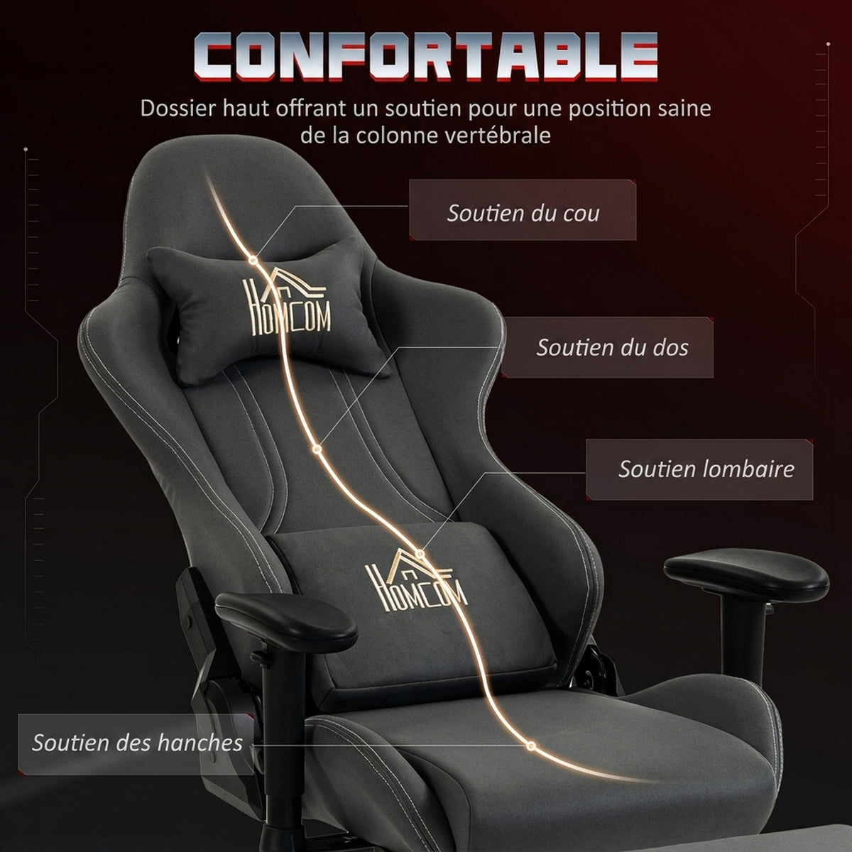 Chaise gaming ergonomique, fauteuil gamer avec accoudoirs 3D, dossier inclinable, hauteur réglable, 72x76x132cm, gris-3
