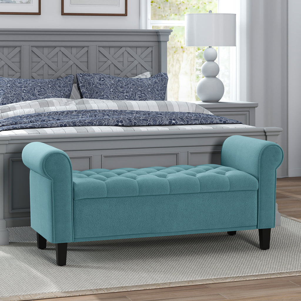 Banc de rangement bout de lit avec accoudoirs, tissu velours rembourré et capitonné, 126 x 48,5 x 57 cm, vert-1