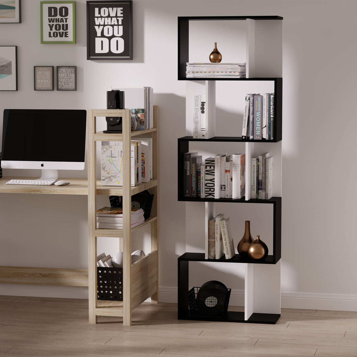 Bibliothèque à 5 niveaux, meuble de rangement en forme de S avec étagères, étagère de rangement pour salon, chambre bureau, 60 x 24 x 184,5 cm, noir, blanc-6