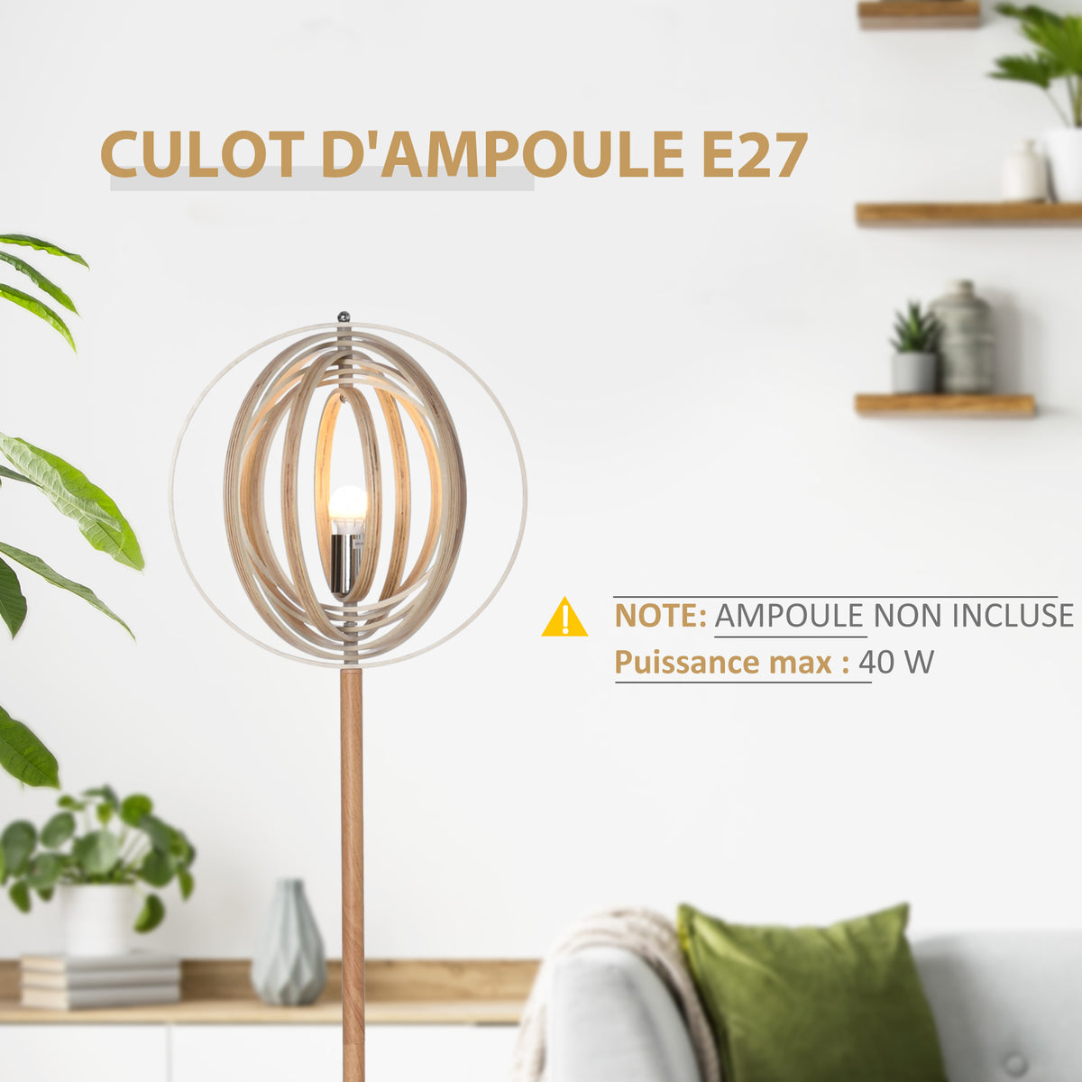 Lampadaire sur Pied Circulaire 40 W Max. Abat-Jour bois naturel clair dim. Ø 38 x 160 cm-3