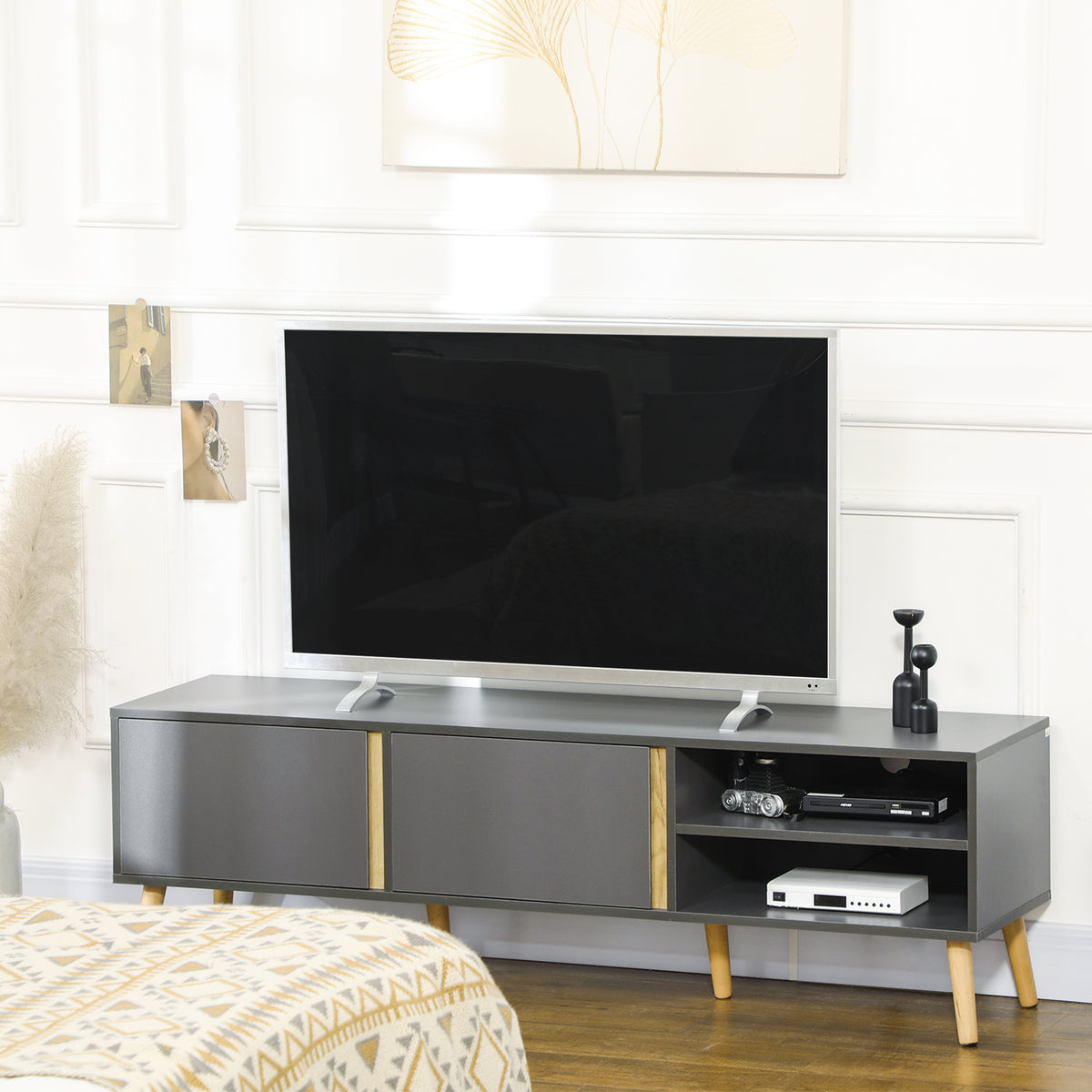 Meuble TV pour télévision jusqu'à 55 pouces scandinave 2 portes 2 niches avec passe-câbles 150 x 35 x 45 cm gris foncé-7