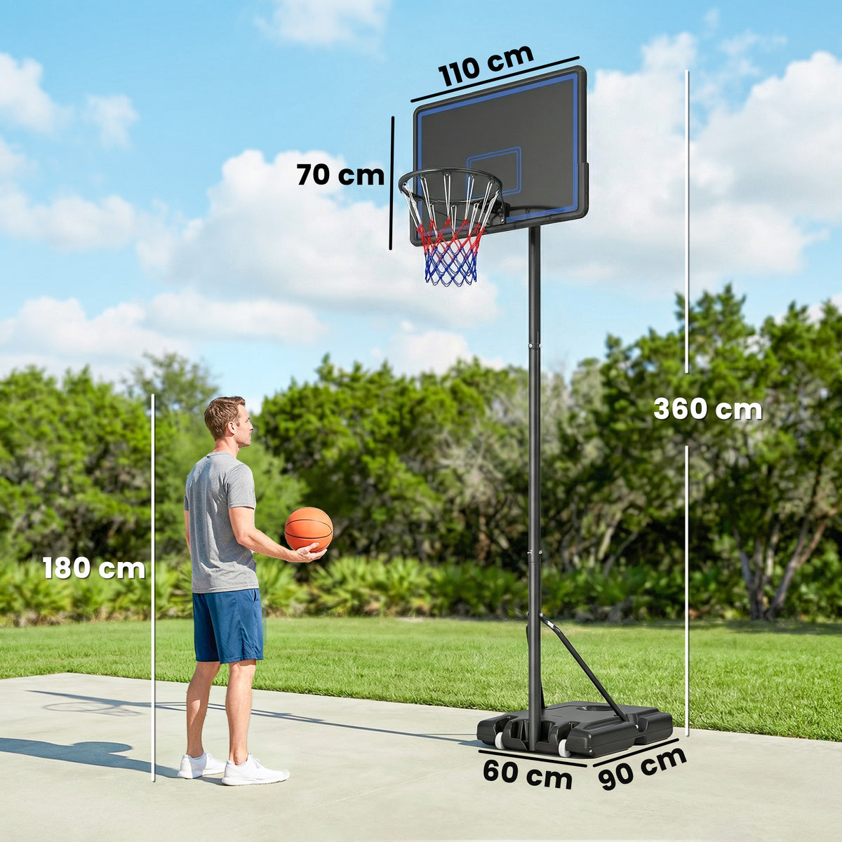 Panier de Basketball sur Pieds avec Hauteur Réglable de 1,35 à 3,05 m avec Roues, Base de Lestage et Sac de Sable, Bleu-2