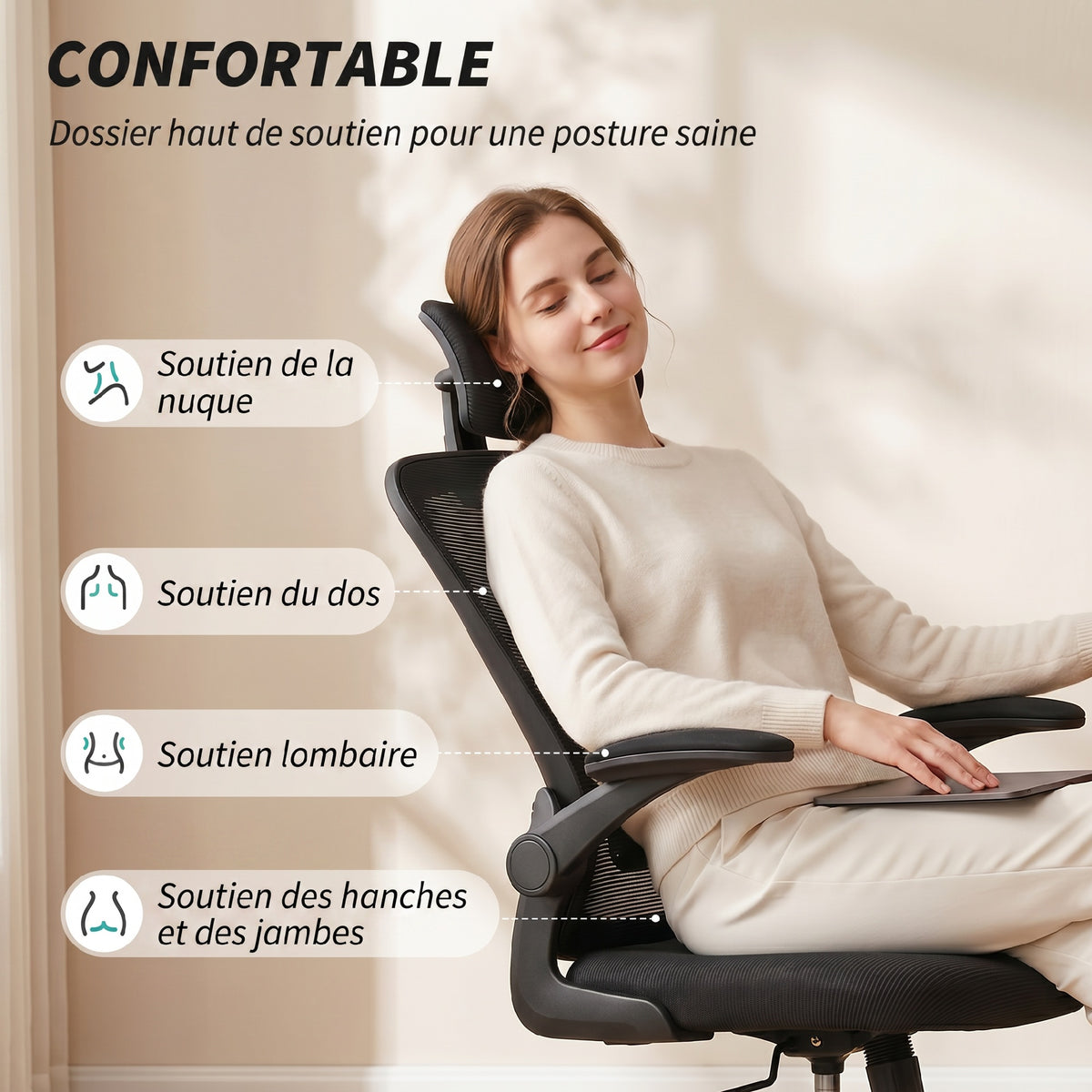 Chaise de Bureau Ergonomique, Fauteuil de Bureau en Maille avec Appui-Tête et Soutien Lombaire Réglables, Noir-3