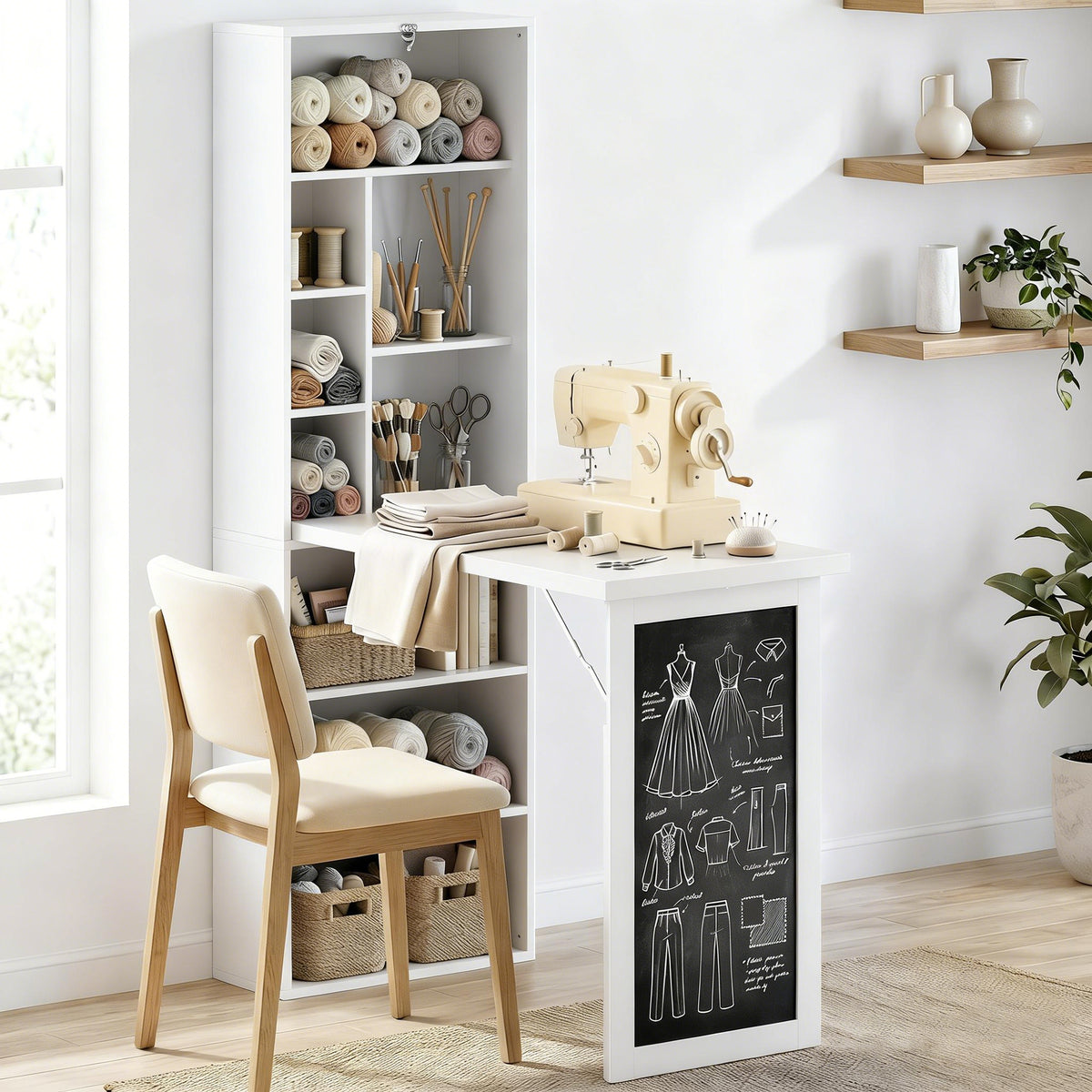 Bureau avec rangement pliable murale rabattable avec bibliothèque poste de travail tableau à craie et étagère réglable-7
