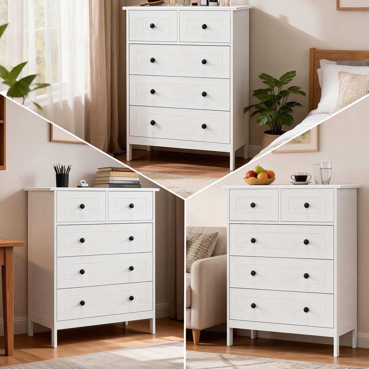 Commode meuble de rangement 5 tiroirs pour chambre, bureau, entrée, blanc et poignée métal noir-6