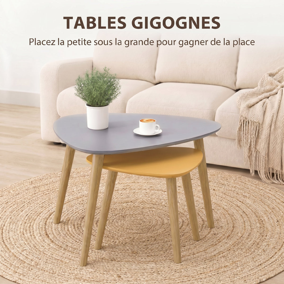 Lot de 2 tables basses gigognes design scandinave pieds en bois et plateau en bois, gris et jaune-3