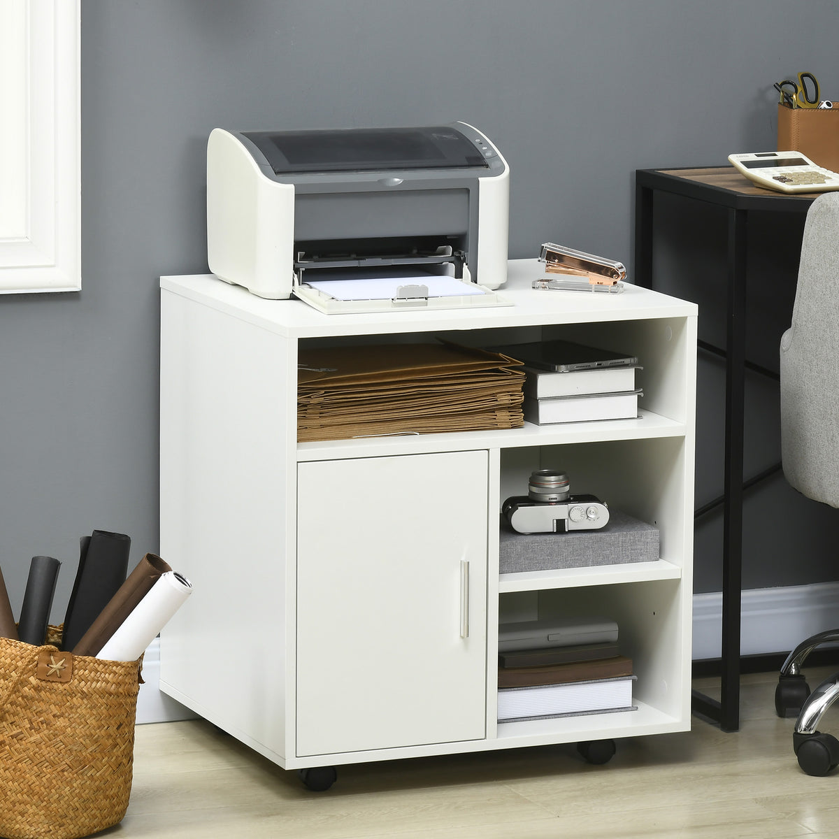 Support d'imprimante organiseur bureau caisson placard porte 3 niches + grand plateau panneaux particules blanc-1