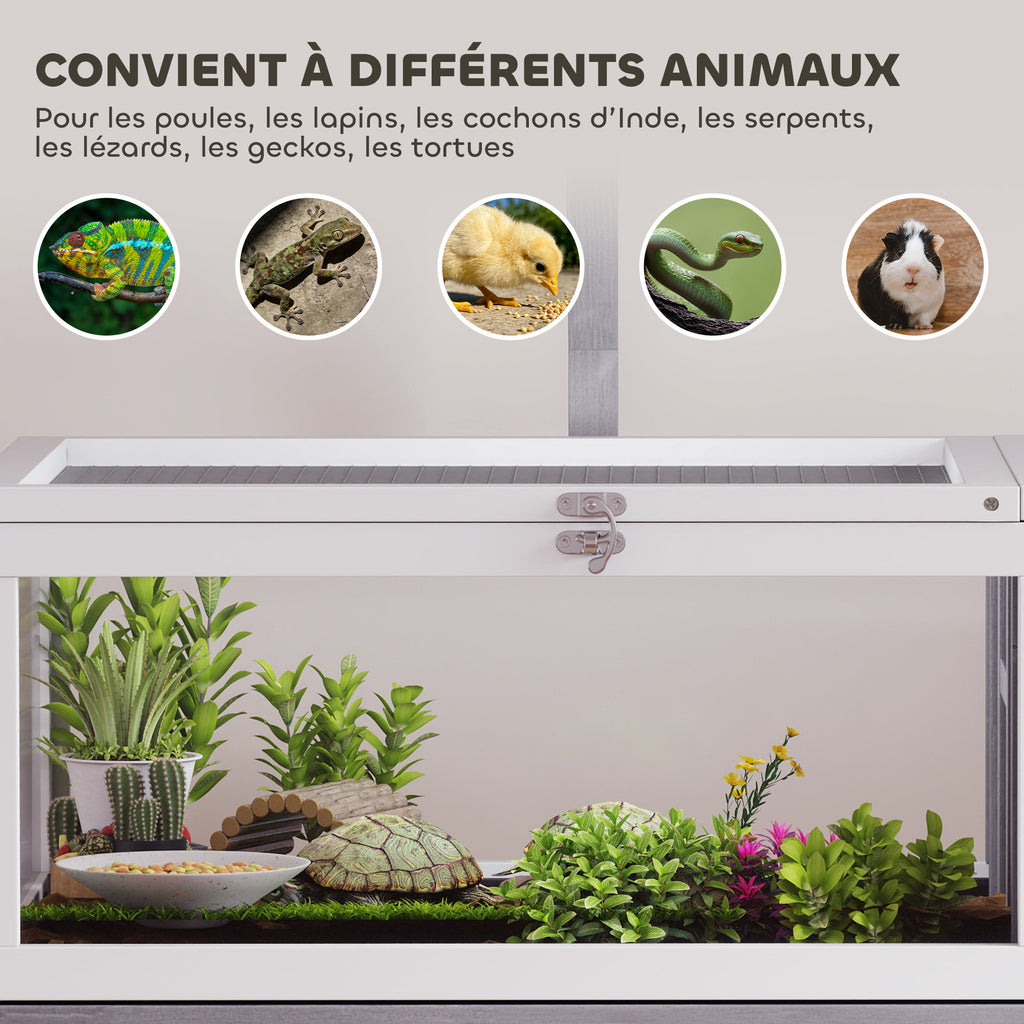 Maison pour tortues enclos tortue en bois 2 espaces support de lampe toit ouvrable plateau coulissant 104x53x82cm gris-7