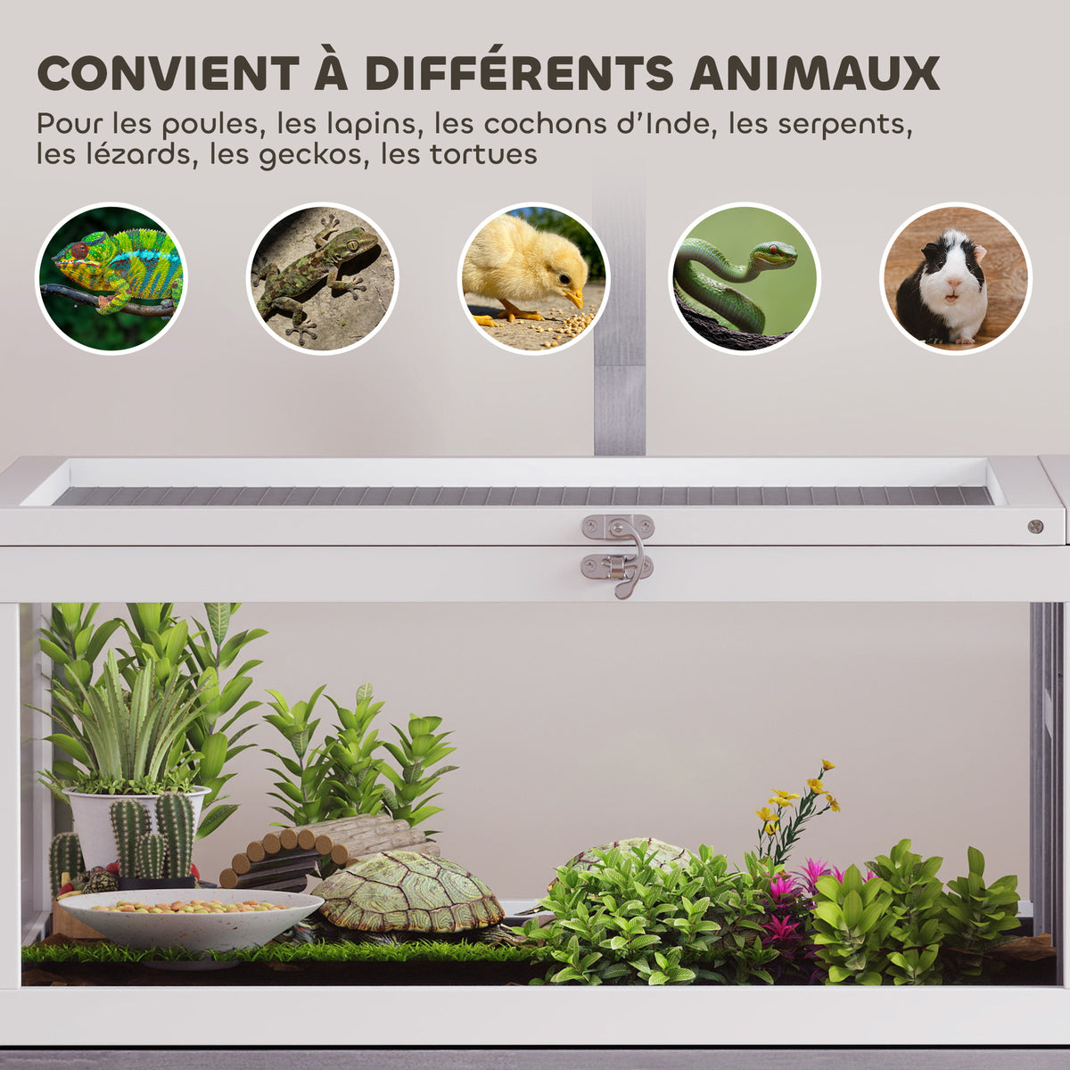 Maison pour tortues enclos tortue en bois 2 espaces support de lampe toit ouvrable plateau coulissant 104x53x82cm gris-7