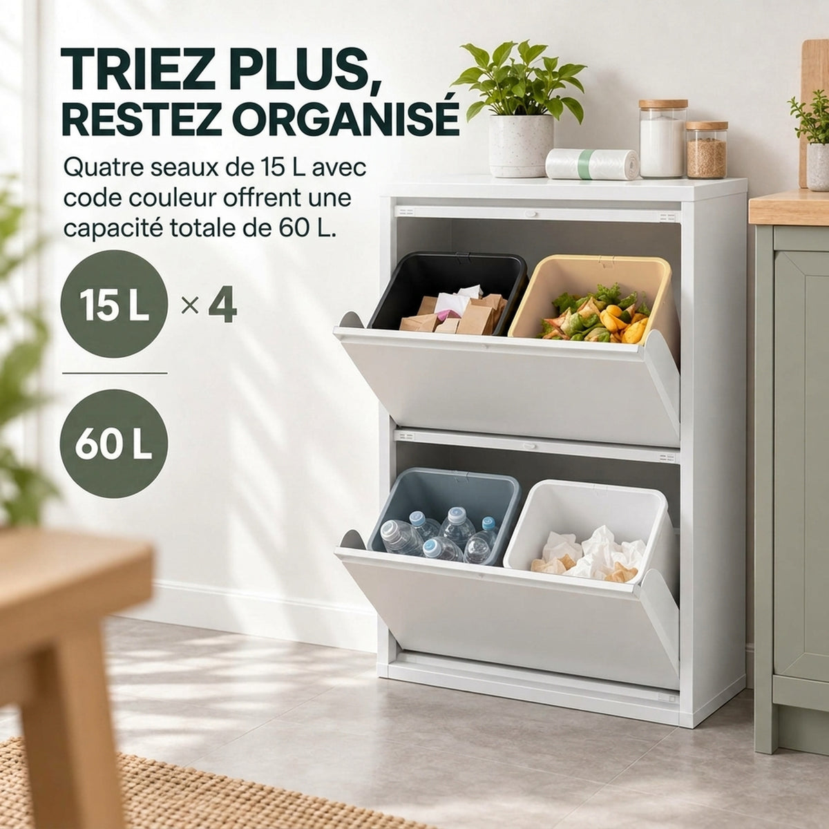 Meuble Poubelle de Tri Sélectif 60 L (4 x 15 L), 4 Compartiments, Fermeture Amortie, Seaux Intérieurs Amovibles, Blanc-3